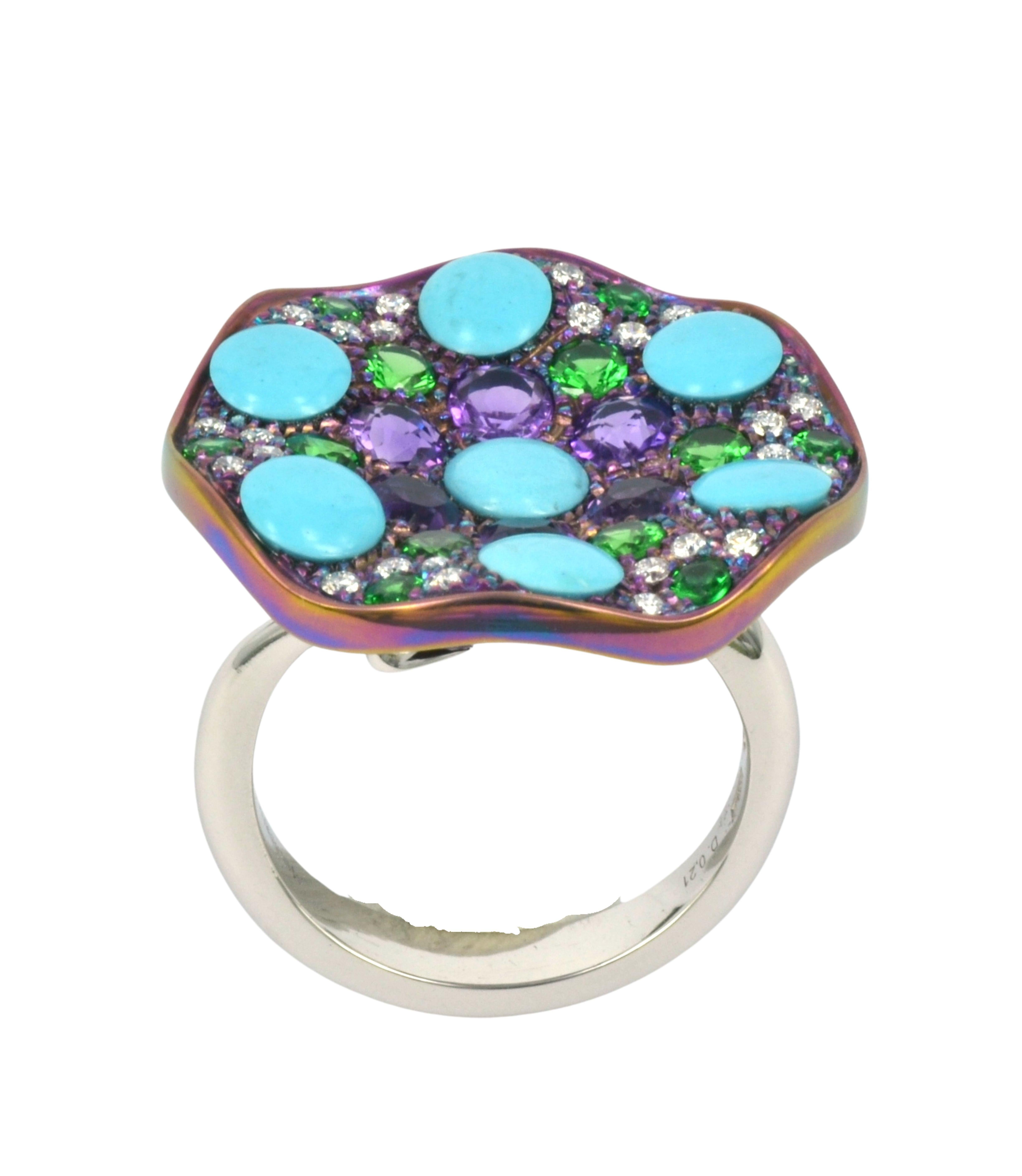 Handmade in Margherita Burgener workshop, Italy.
Unique piece, sizable on request

Platinum grams 6.50
n. 22 natural diamonds total carats 0.21
quality of the diamonds color F/G and VVS clarity 
n. 6 amethyst carats 0.89
n. 12 tsavorite carats