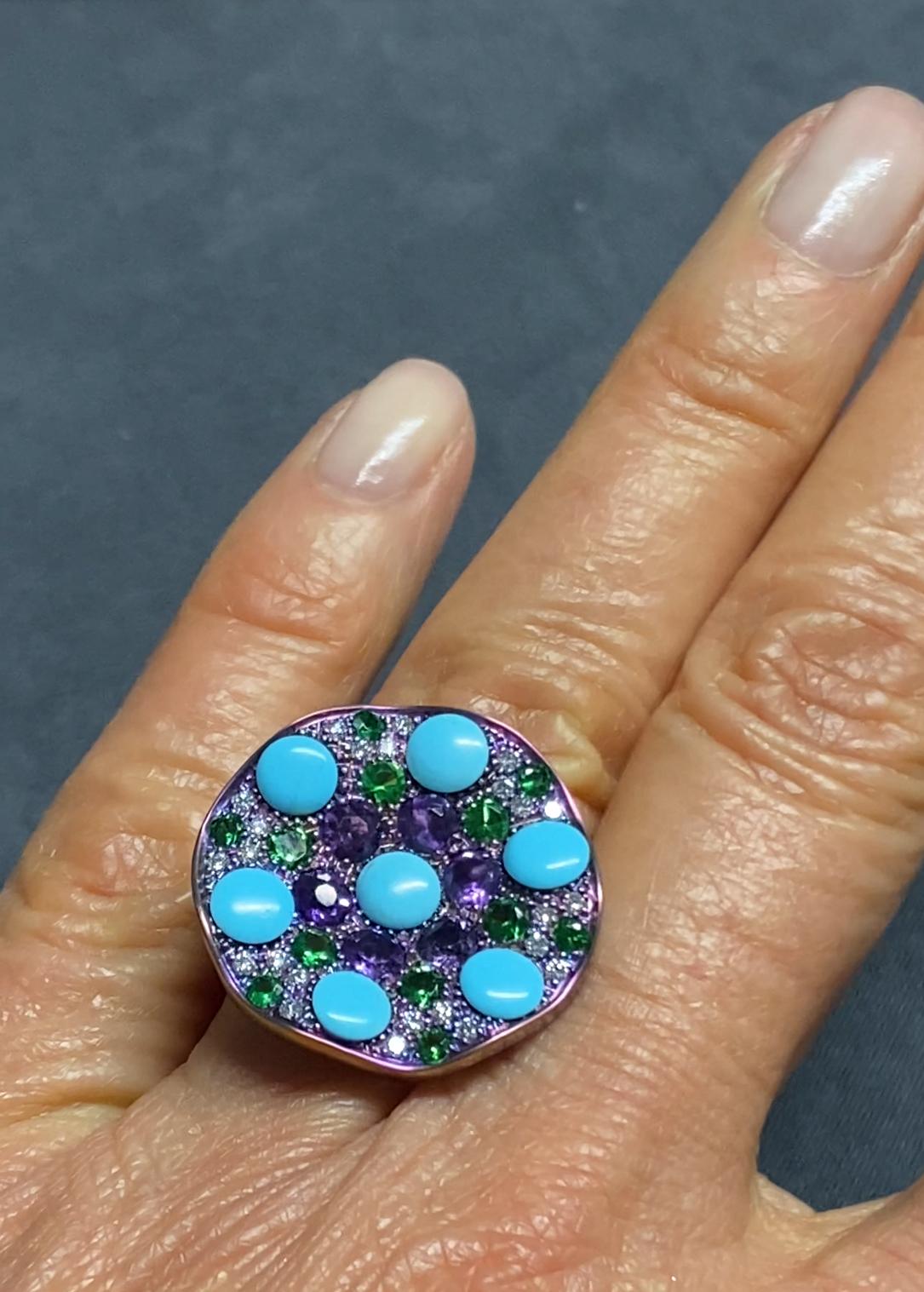 Contemporary Platinum Titanium Natural Diamonds Amethyst Turquoise Tsavorite  Ring For Sale