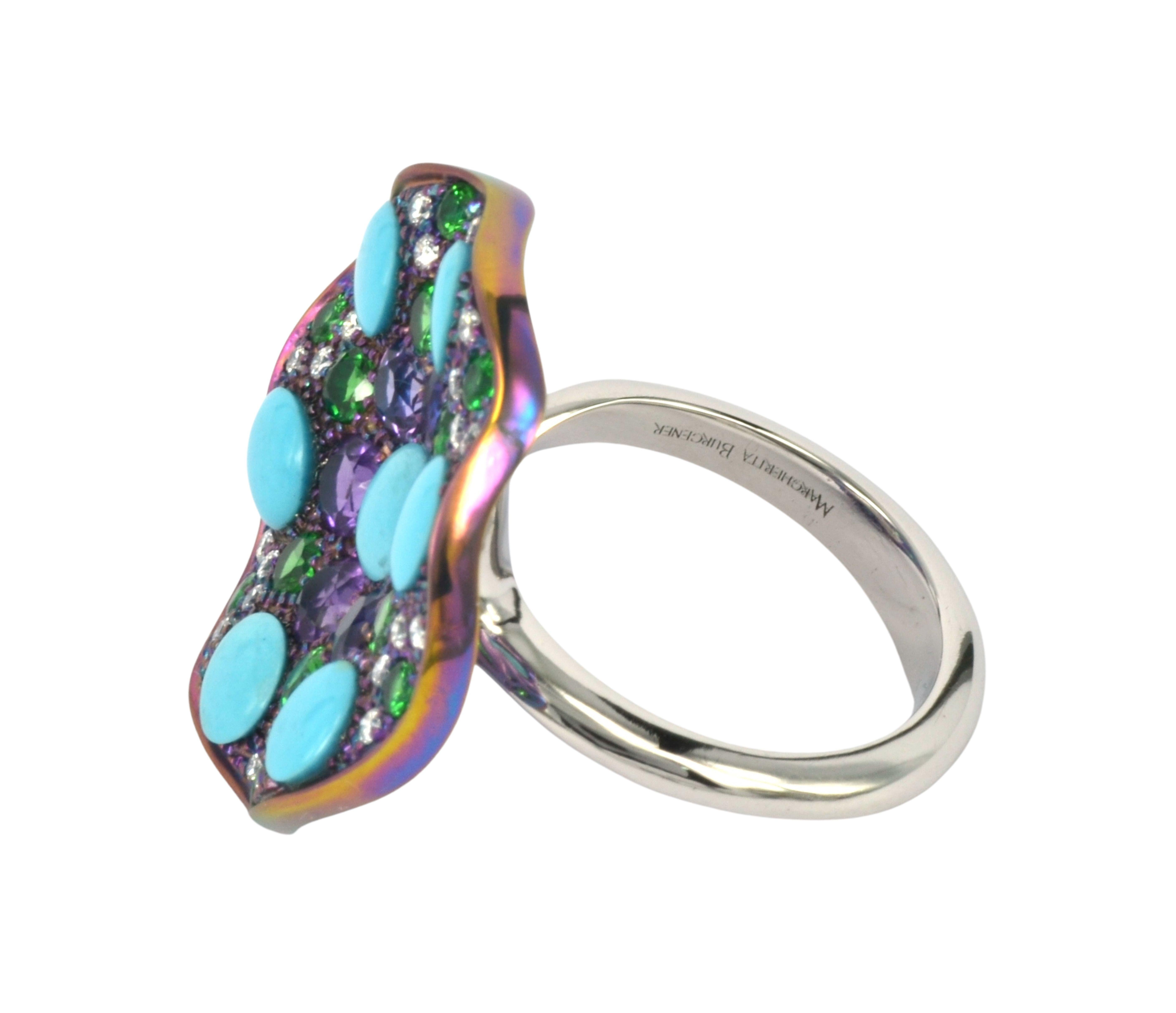 Platinum Titanium Natural Diamonds Amethyst Turquoise Tsavorite  Ring In New Condition For Sale In Valenza , IT