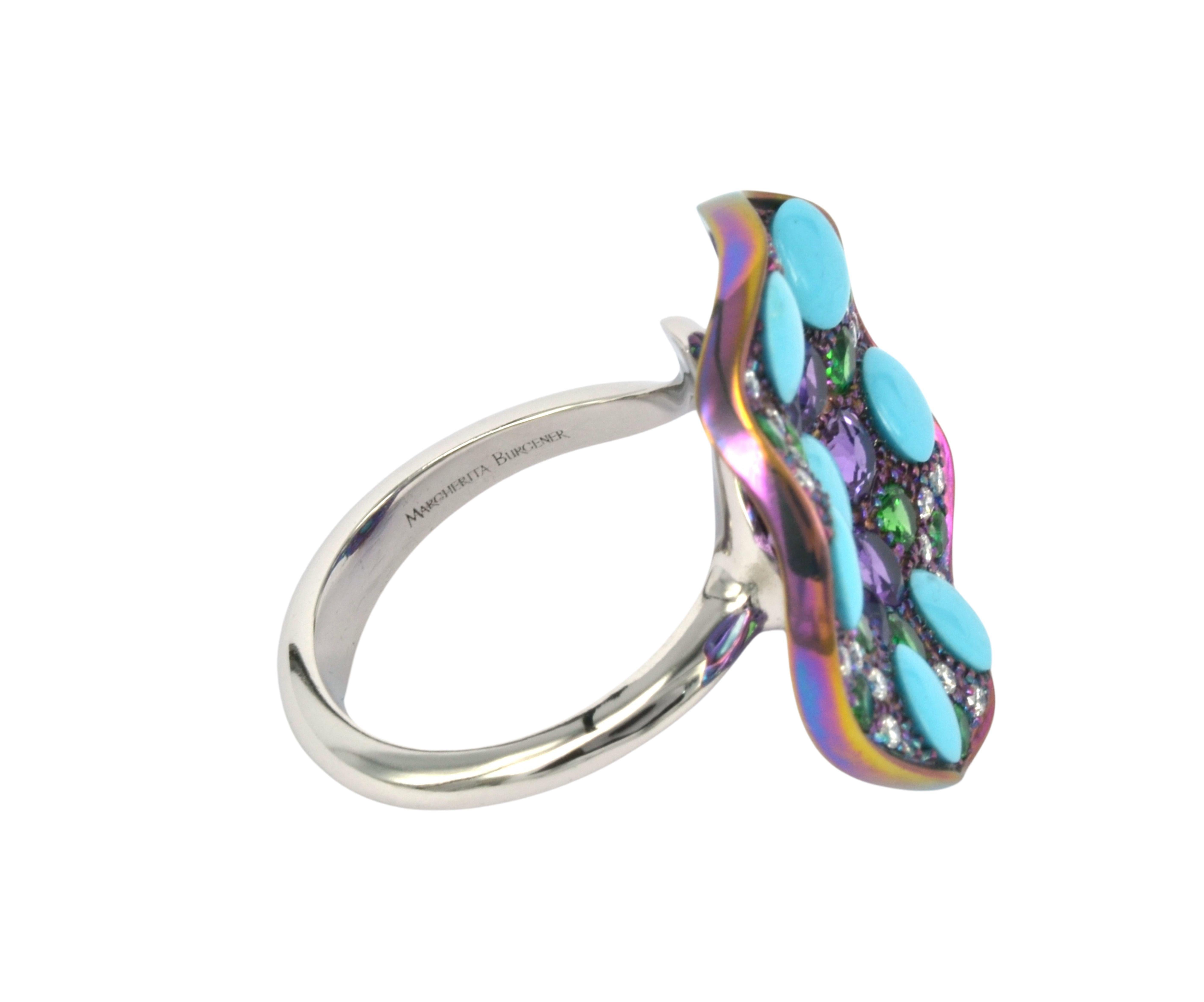 Women's Platinum Titanium Natural Diamonds Amethyst Turquoise Tsavorite  Ring For Sale