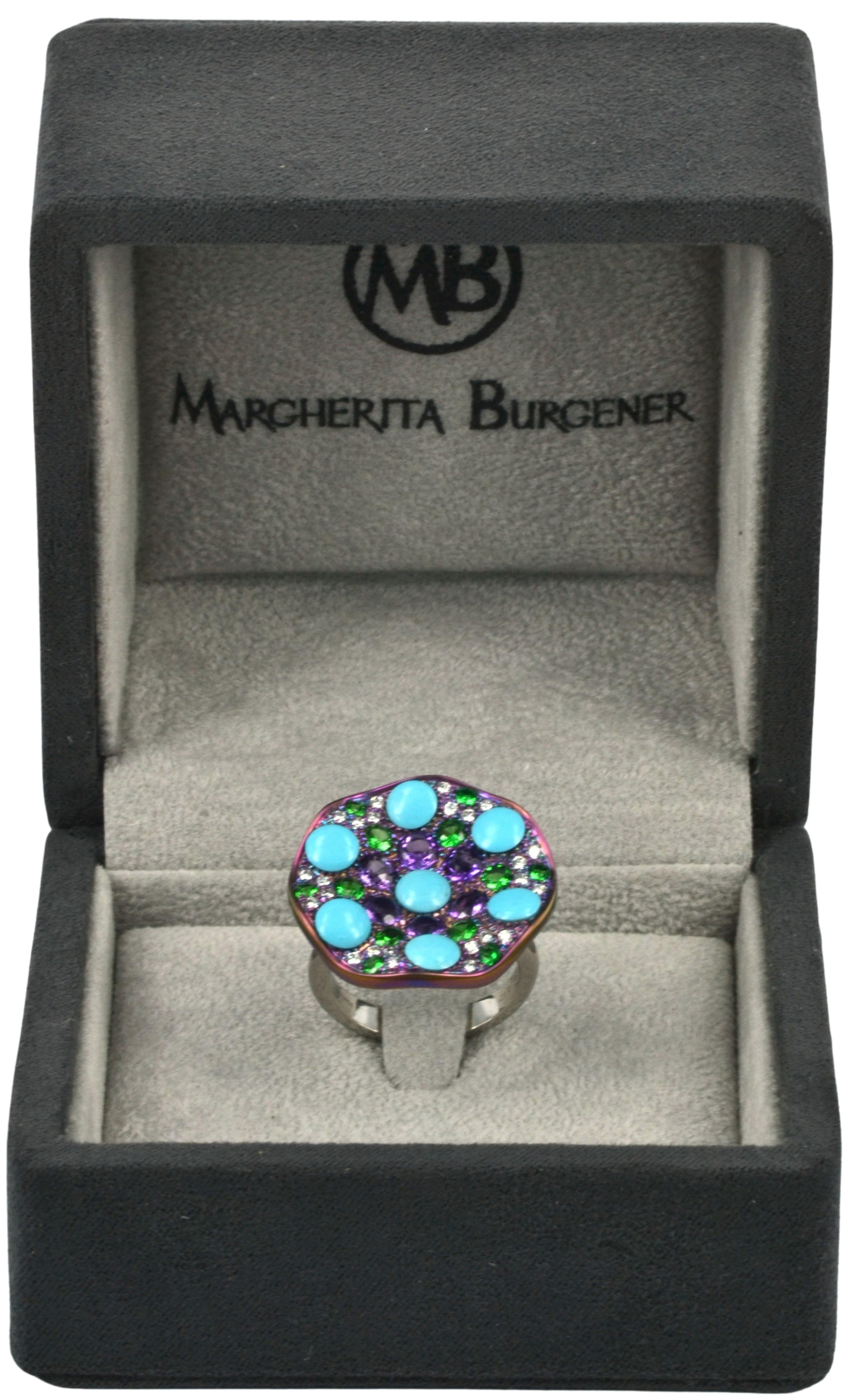 Round Cut Platinum Titanium Natural Diamonds Amethyst Turquoise Tsavorite  Ring For Sale