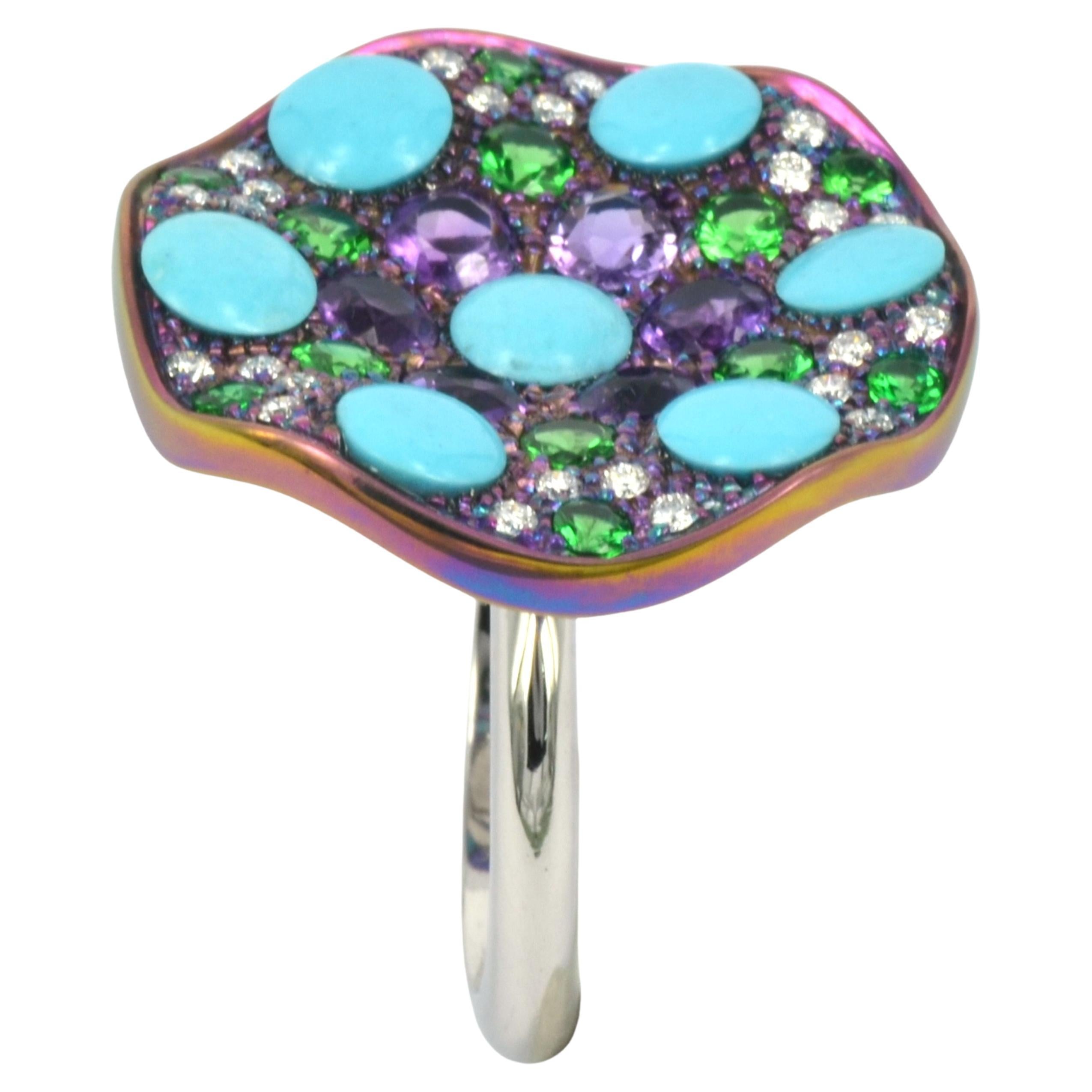 Platin Titan Diamanten Amethyst Türkis Tsavorit  Ring der Morgenlatte