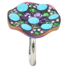 Platinum Titanium Natural Diamonds Amethyst Turquoise Tsavorite  Ring