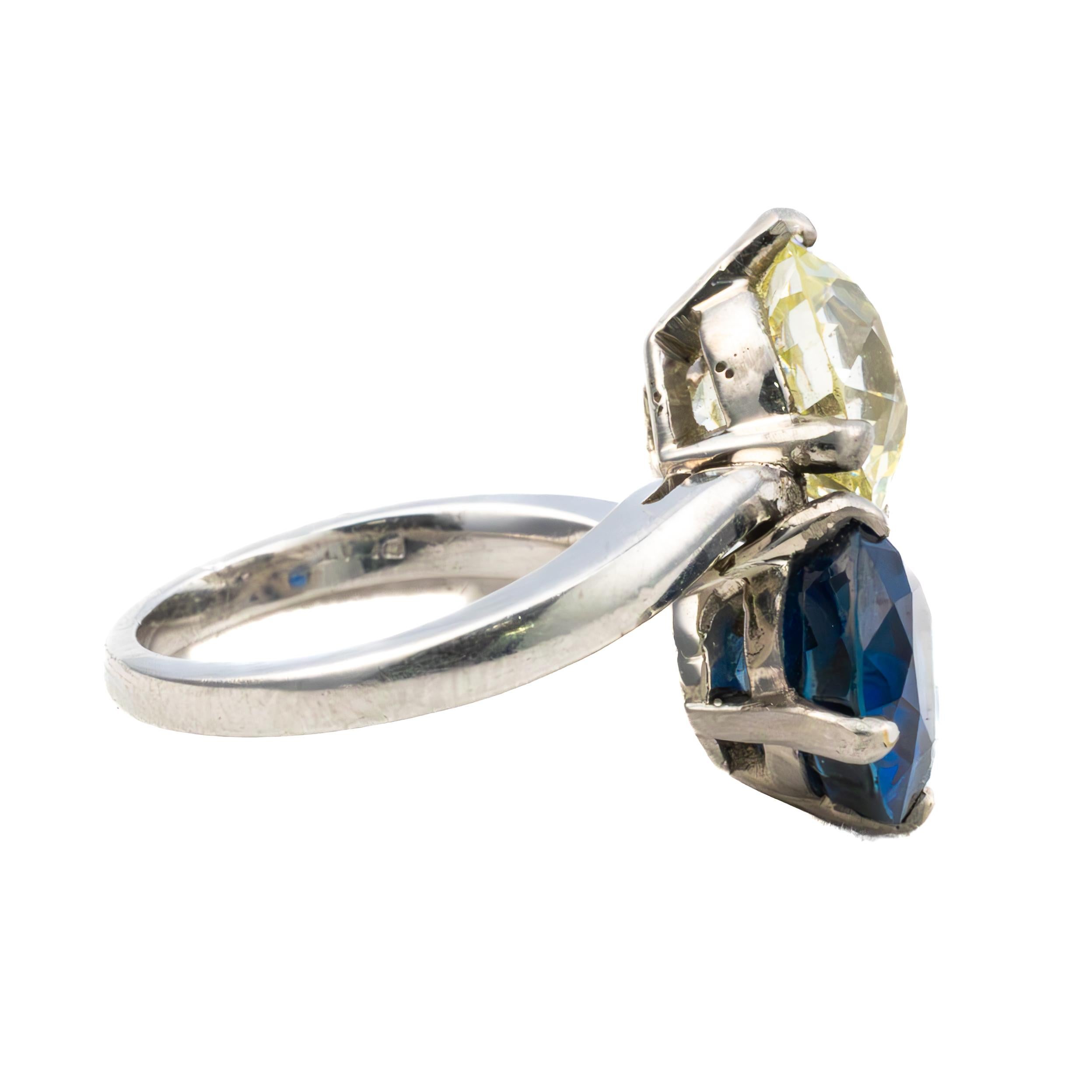Rétro Bague Toi et Moi en platine, taille européenne ancienne et saphir en vente