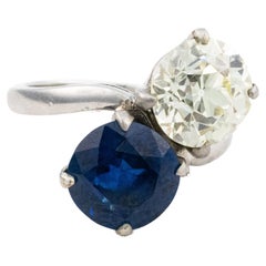 Platinum Toi et Moi Old European Cut and Sapphire Ring