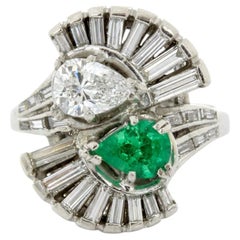 Platinum Toi et Moi Pear Diamond and Emerald Baguette Ring