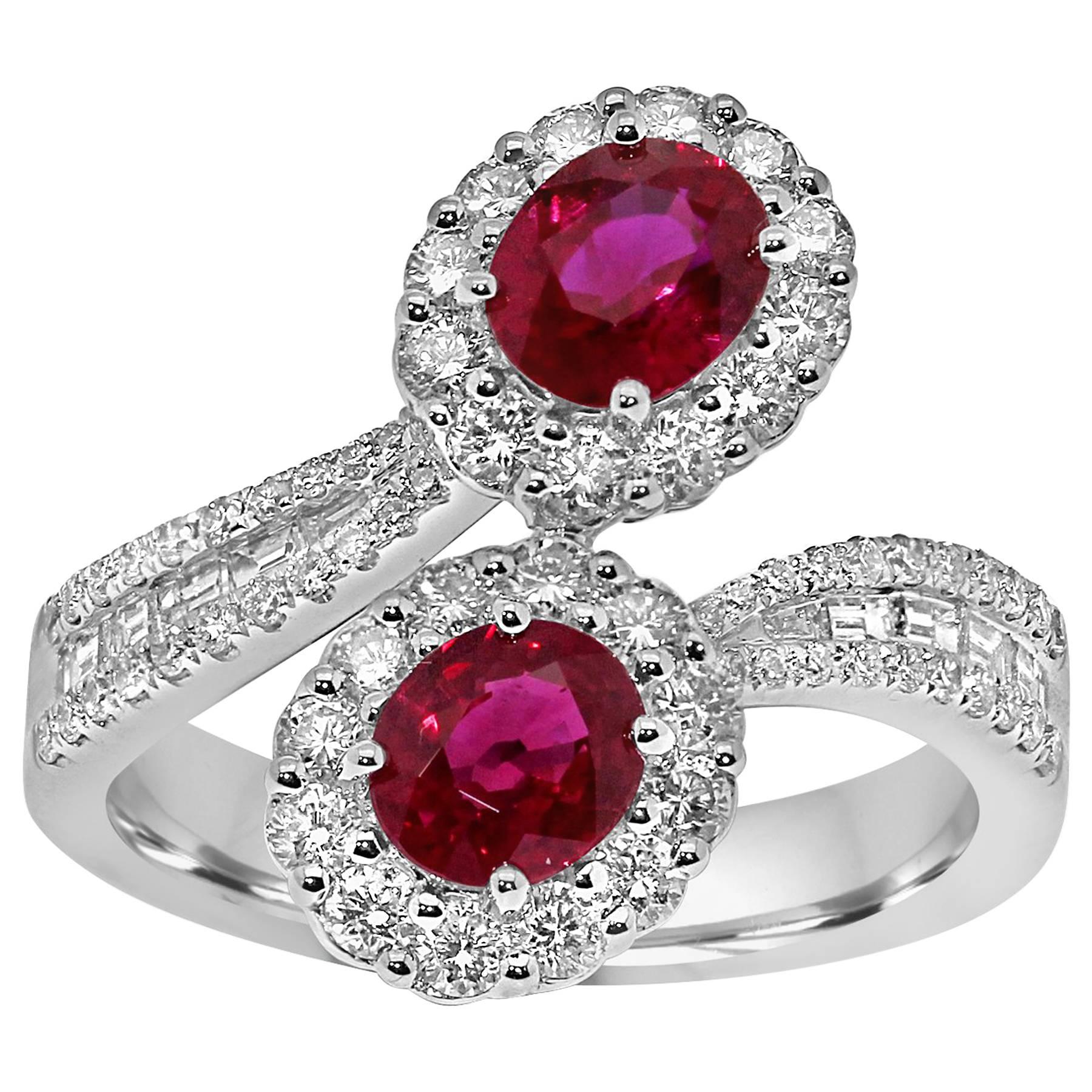 Platinum Toi-et-Moi Ring Set with Diamonds and Ruby gemstones For Sale