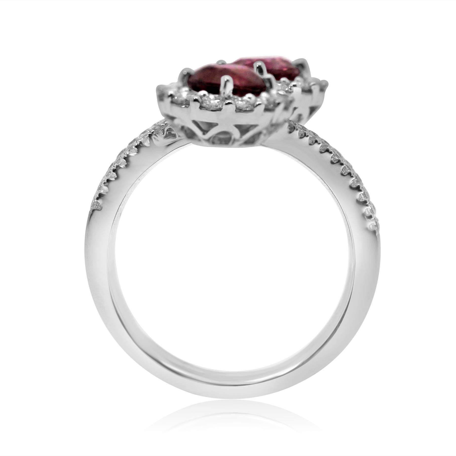Round Cut Platinum Toi-et-Moi Ring Set with Diamonds and Ruby Gemstones For Sale