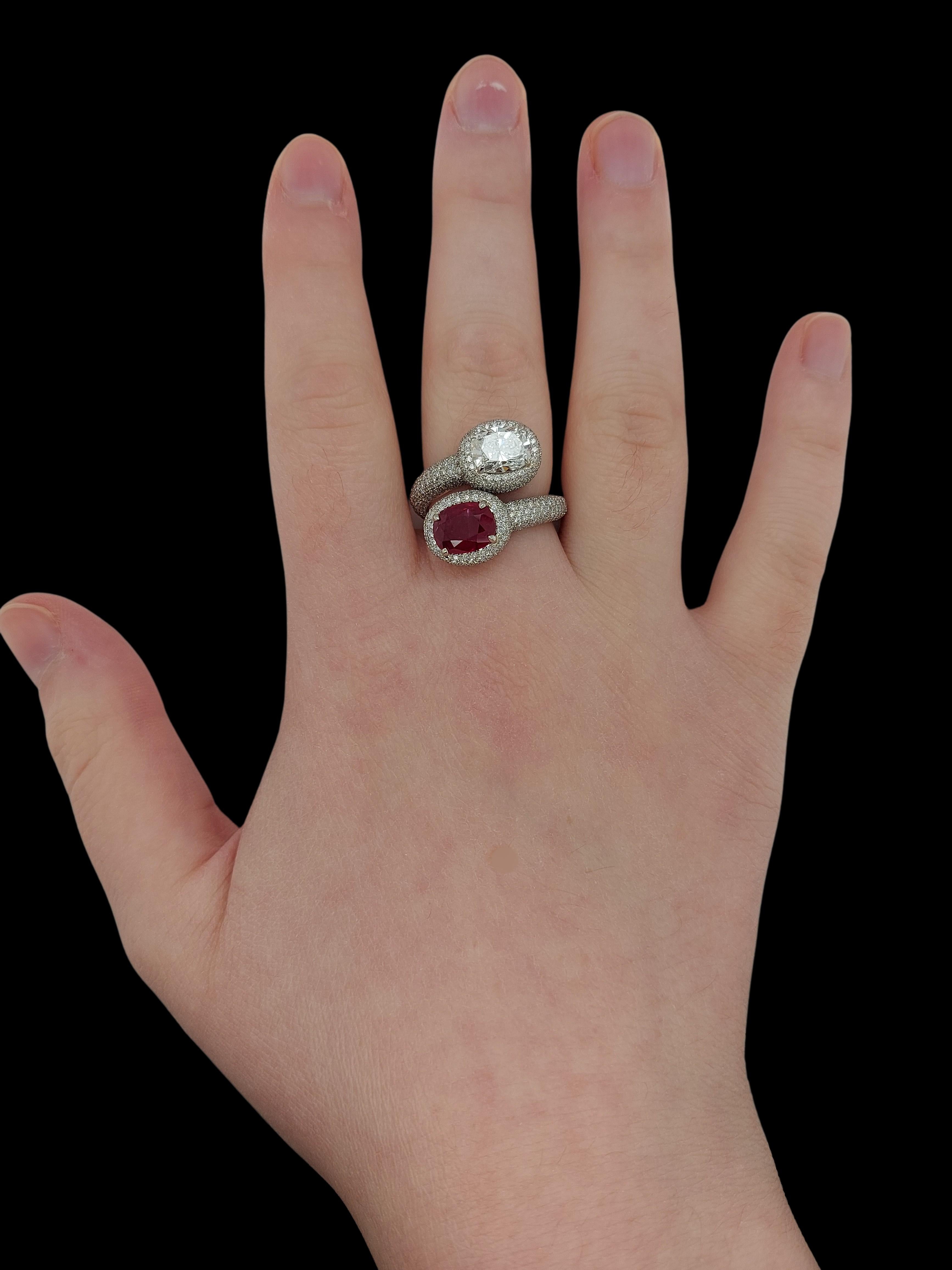 Cushion Cut Platinum Toi & Moi Ring with 2.4 Ct Ruby and 1.55ct Diamond For Sale