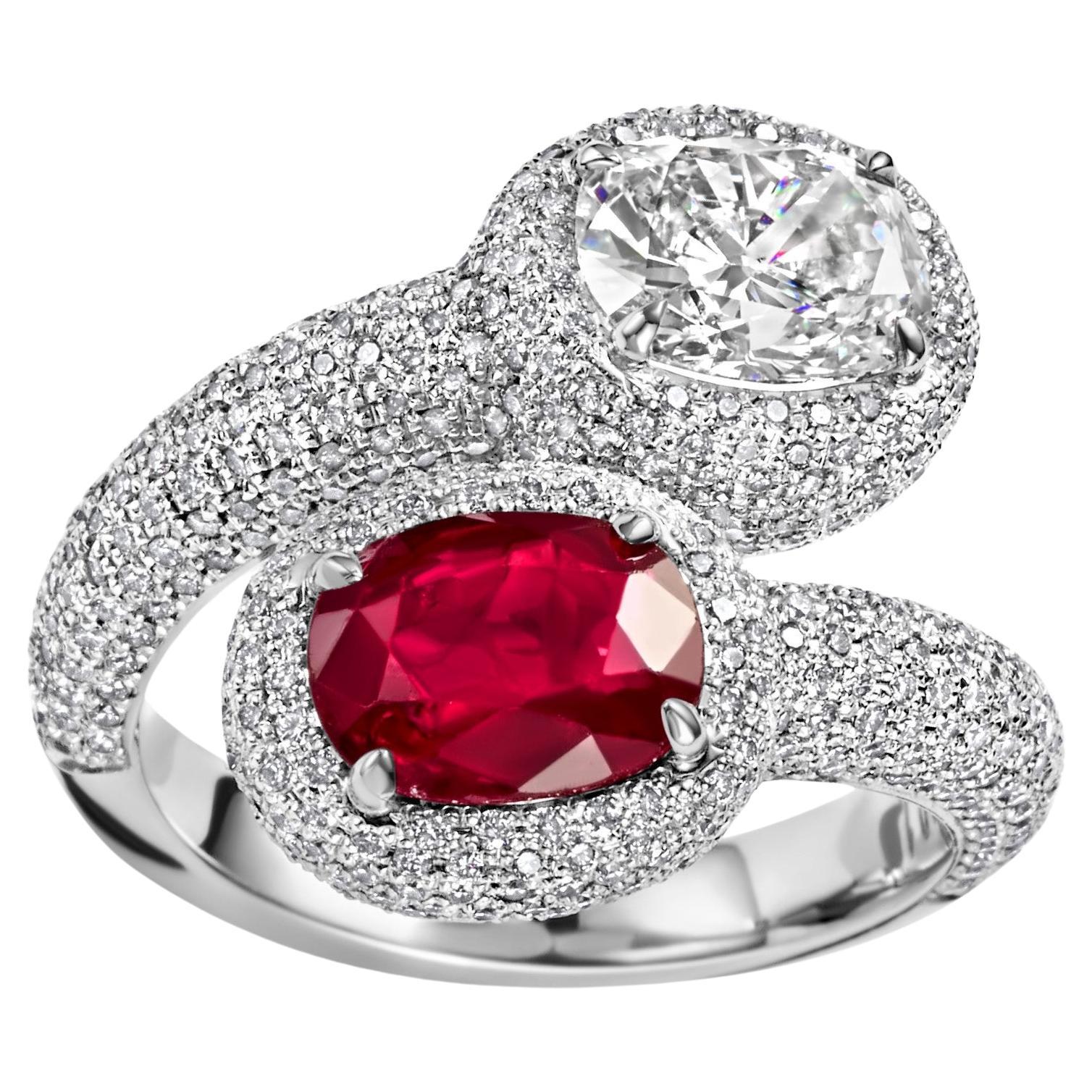 Platinum Toi & Moi Ring with 2.4 Ct Ruby and 1.55ct Diamond For Sale