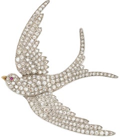 Platinum Topped Gold Victorian Swallow Brooch w/ Rose-cut Diamonds Weight: 17.1g