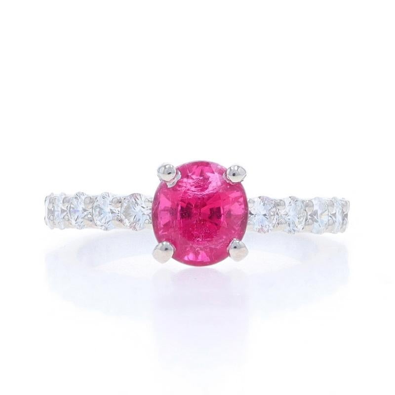 Size: 4 3/4
Sizing Fee: Up 2 sizes for $50 or Down 1 size for $40

Metal Content: Platinum

Stone Information
Natural Tourmaline
Carat(s): 1.32ct
Cut: Oval
Color: Pink

Natural Diamonds
Carat(s): .57ctw
Cut: Round Brilliant
Color: G - H
Clarity: VS1