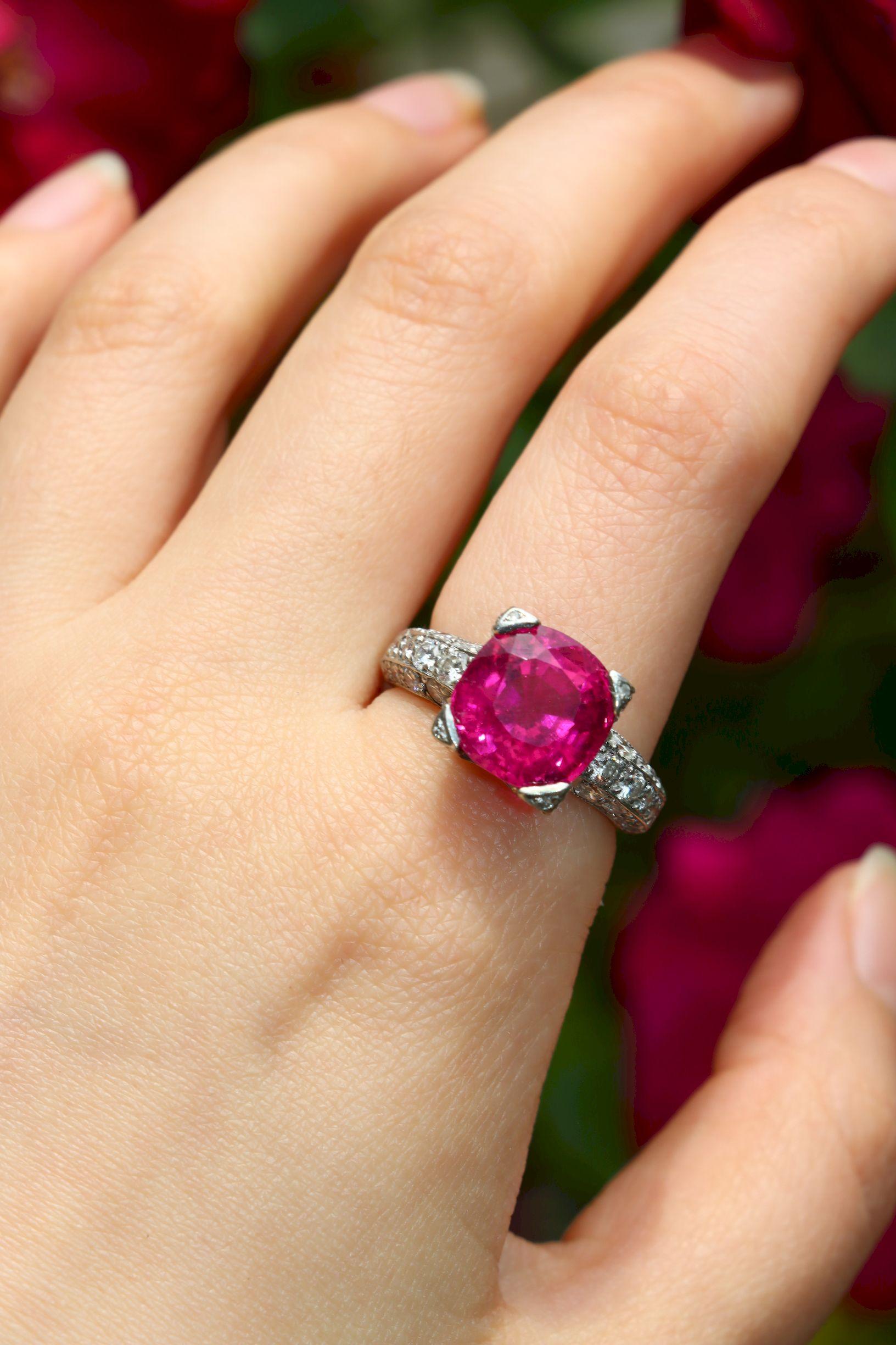 Cushion Cut Platinum Tourmaline Diamonds Ring For Sale