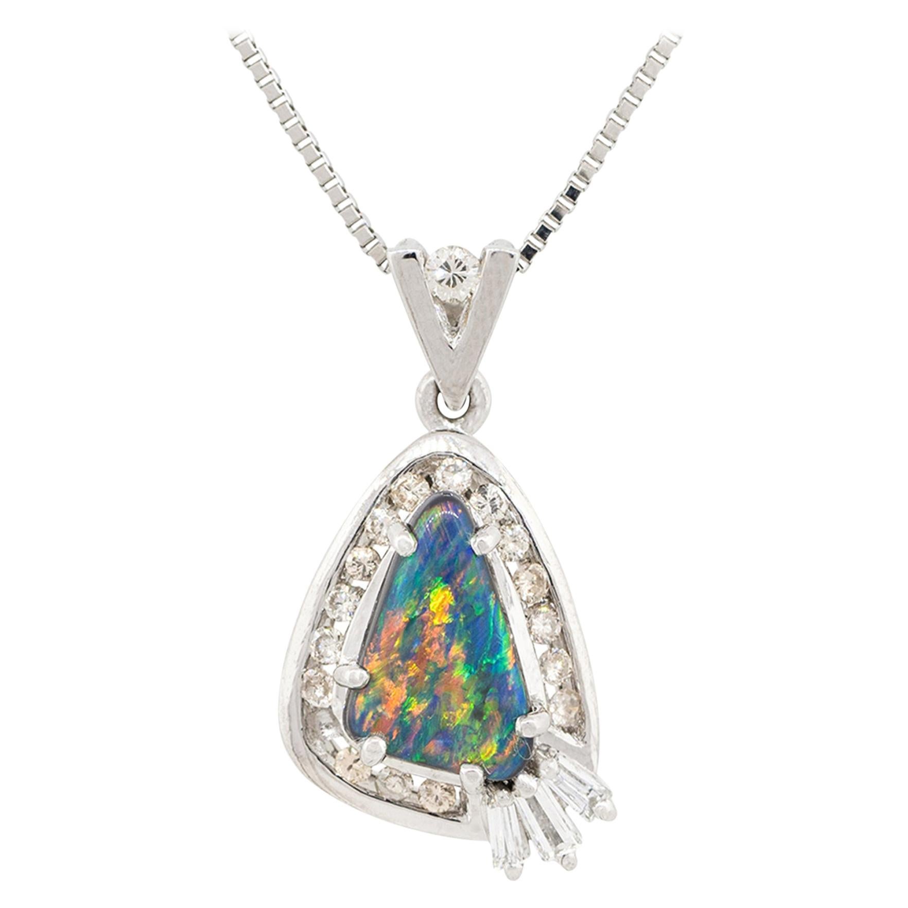 Platinum Triangle Opal Diamond Pendant Necklace