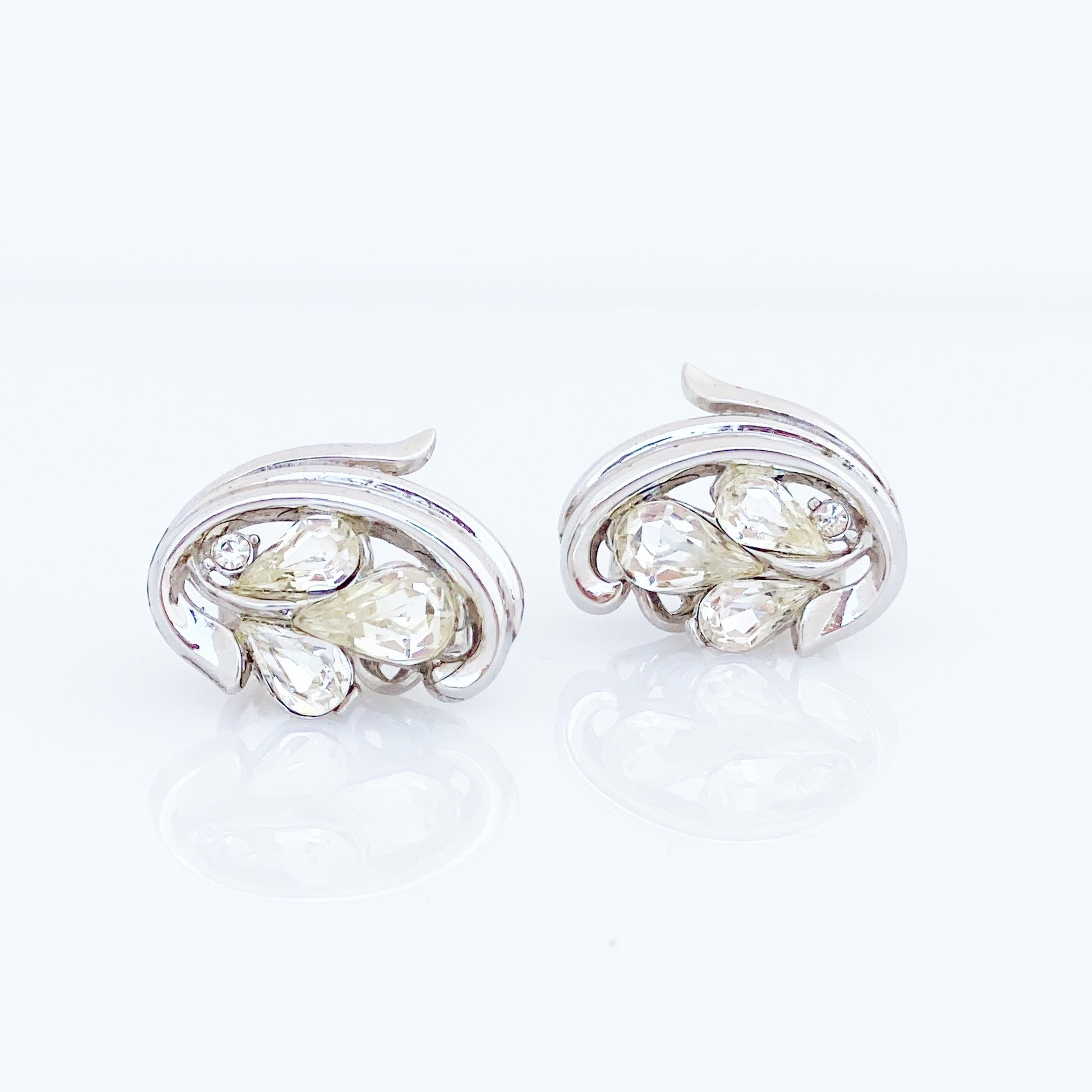 Modern Platinum Trifarium Earrings With Teardrop Crystals By Crown Trifari, 1950s