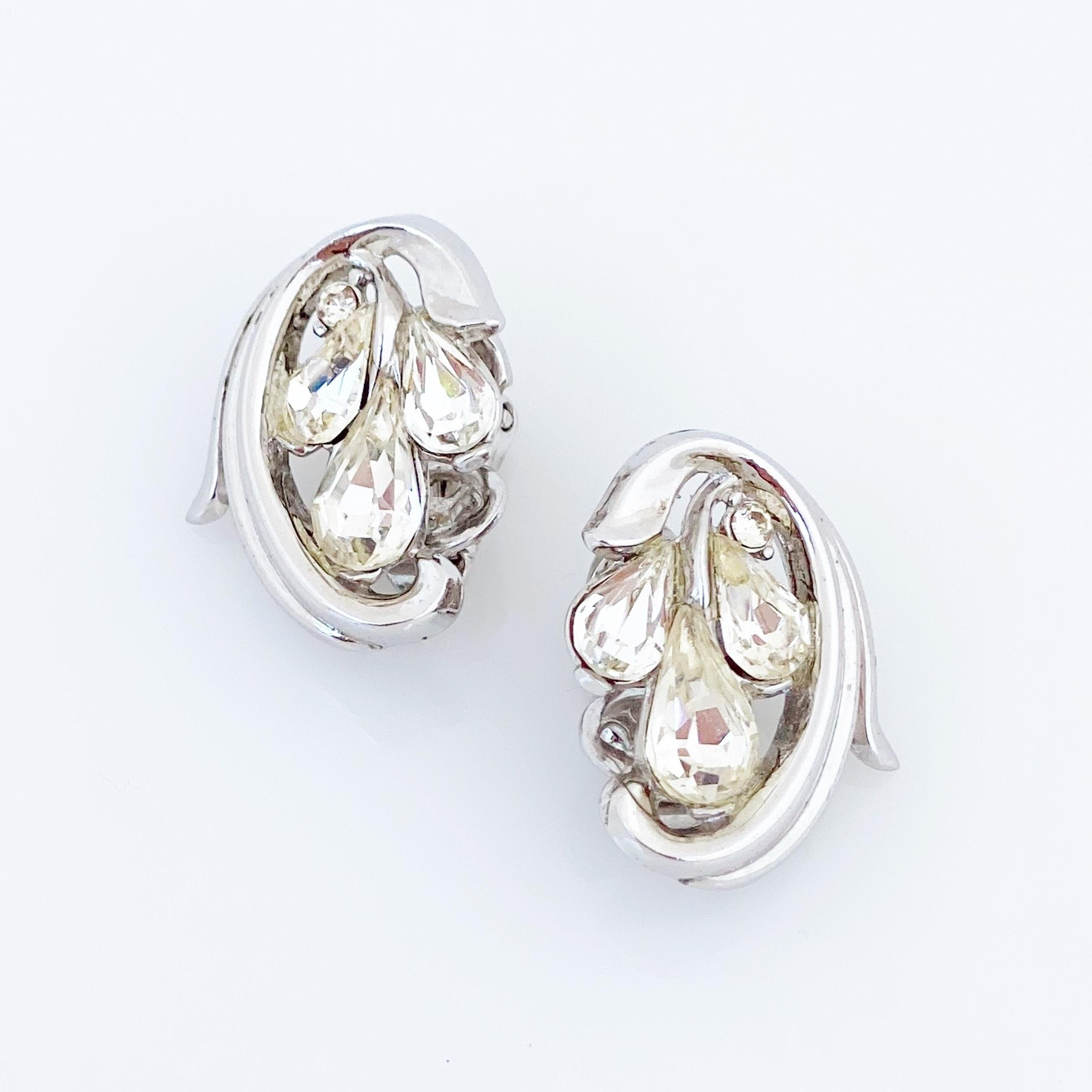 Women's Platinum Trifarium Earrings With Teardrop Crystals By Crown Trifari, 1950s