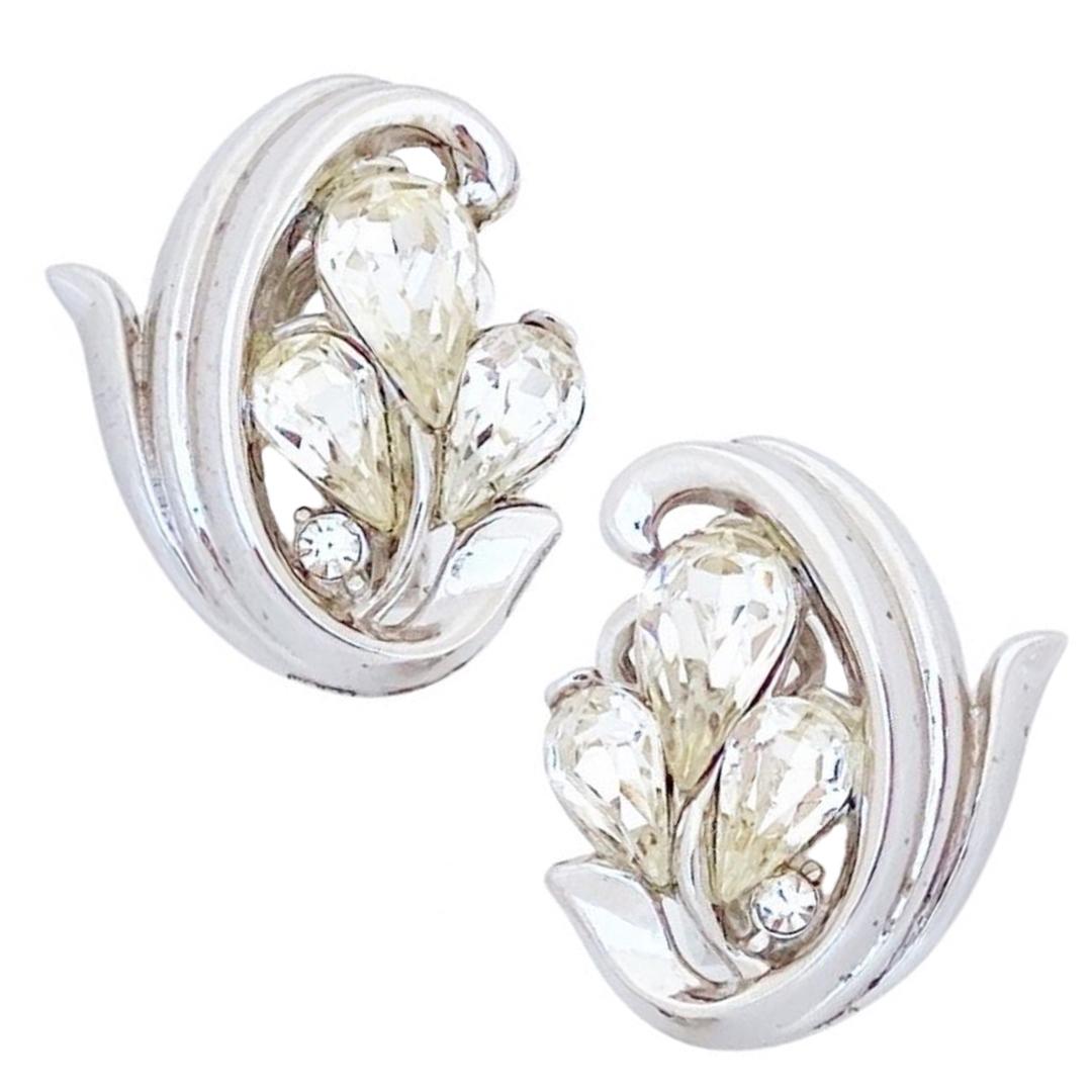 Platinum Trifarium Earrings With Teardrop Crystals By Crown Trifari, 1950s