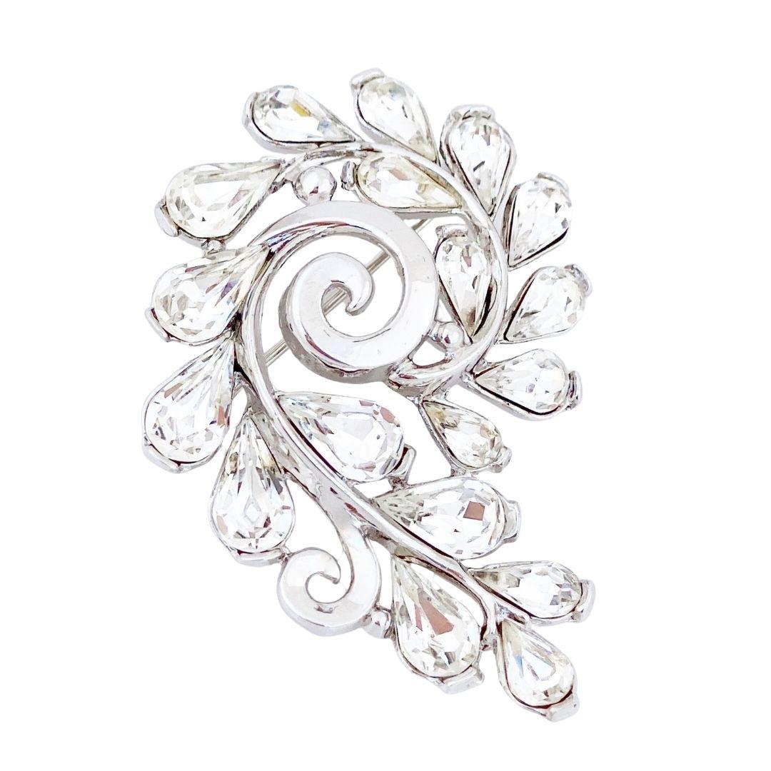 Platinum Trifarium Swirl Brooch With Teardrop Crystals By Crown Trifari, 1950s For Sale