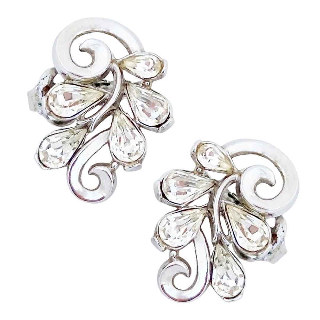 Platinum Trifarium Swirl Earrings With Teardrop Crystals By Crown Trifari, 1950s