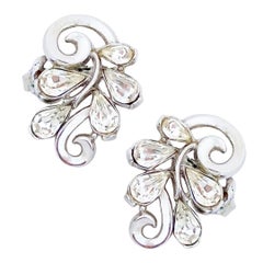 Vintage Platinum Trifarium Swirl Earrings With Teardrop Crystals By Crown Trifari, 1950s