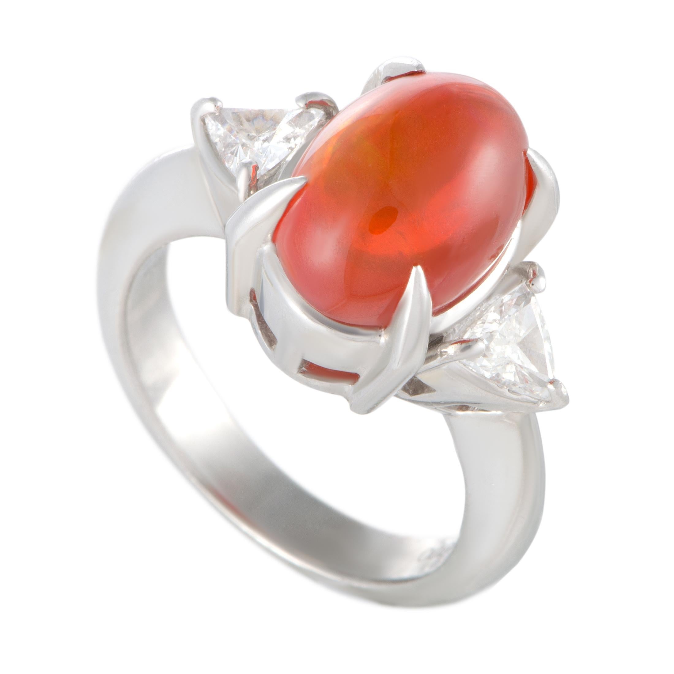 Platinum Trillion Cut Diamond and Oval Fire Opal Ring