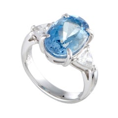 Platinum Trillion Cut Diamonds and Oval Aquamarine Ring