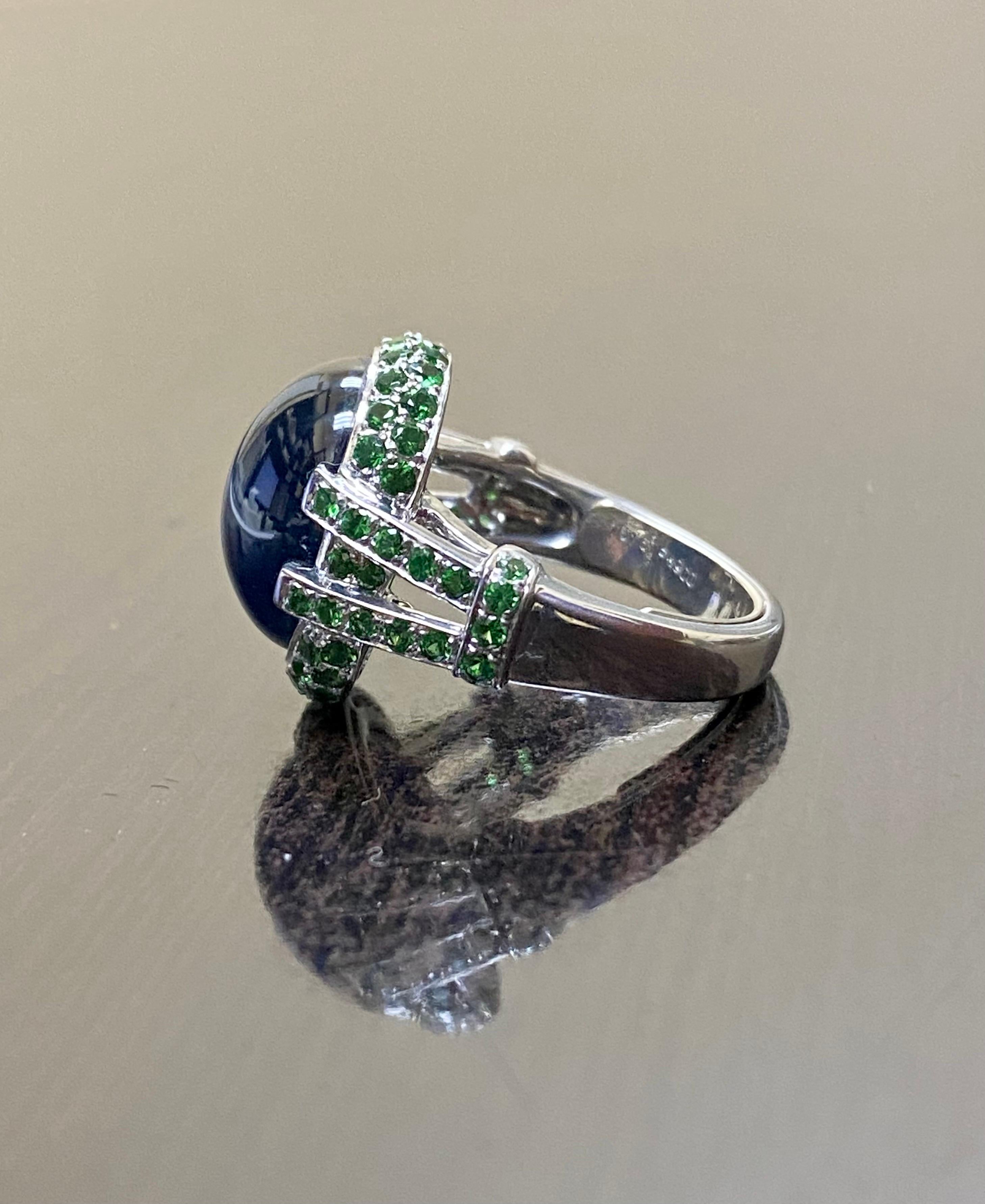Platinum Tsavorite Garnet 16.16 Carat Cabochon Blue Sapphire Engagement Ring For Sale 5