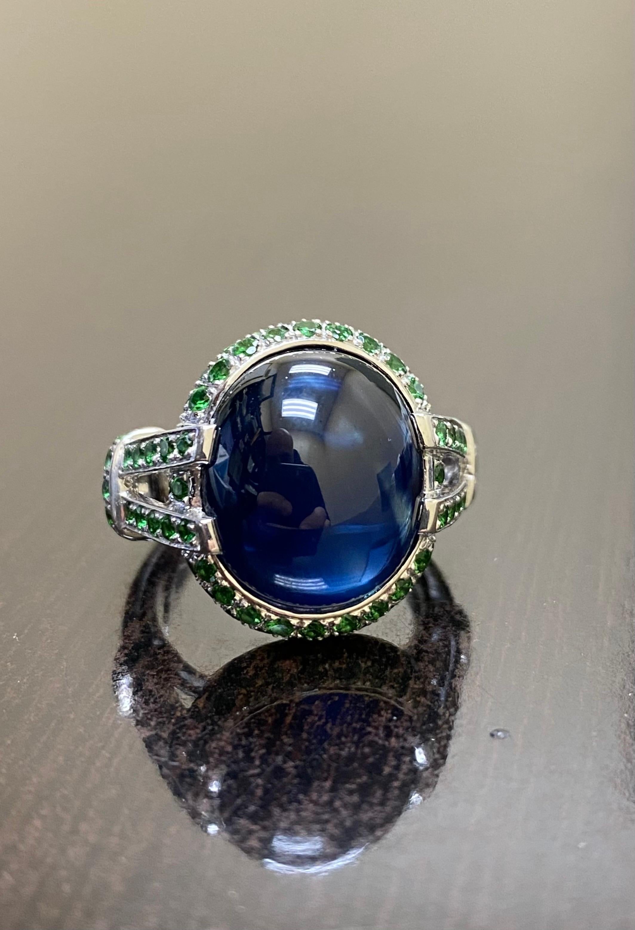 Platinum Tsavorite Garnet 16.16 Carat Cabochon Blue Sapphire Engagement Ring For Sale 6