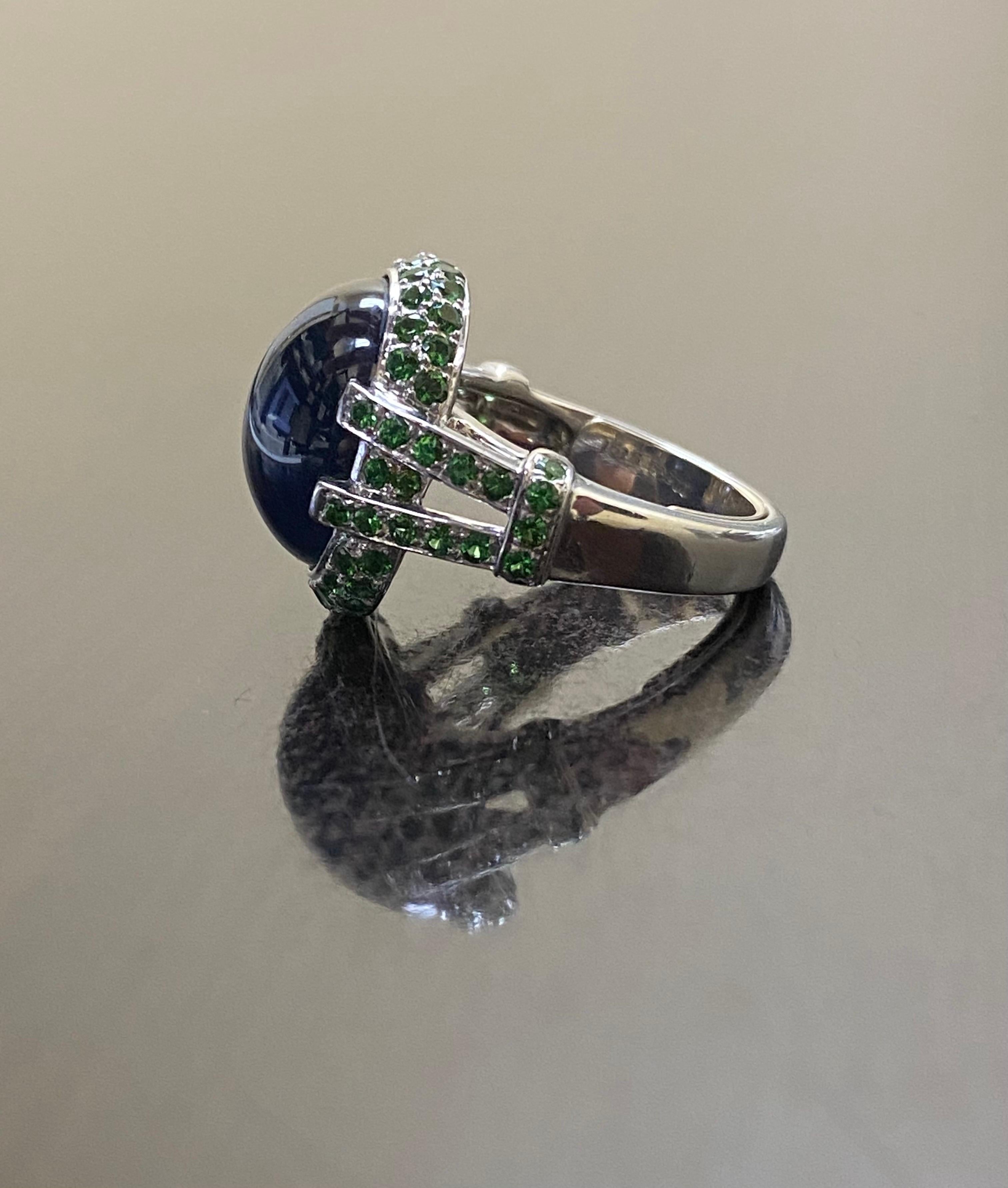 Platinum Tsavorite Garnet 16.16 Carat Cabochon Blue Sapphire Engagement Ring For Sale 7