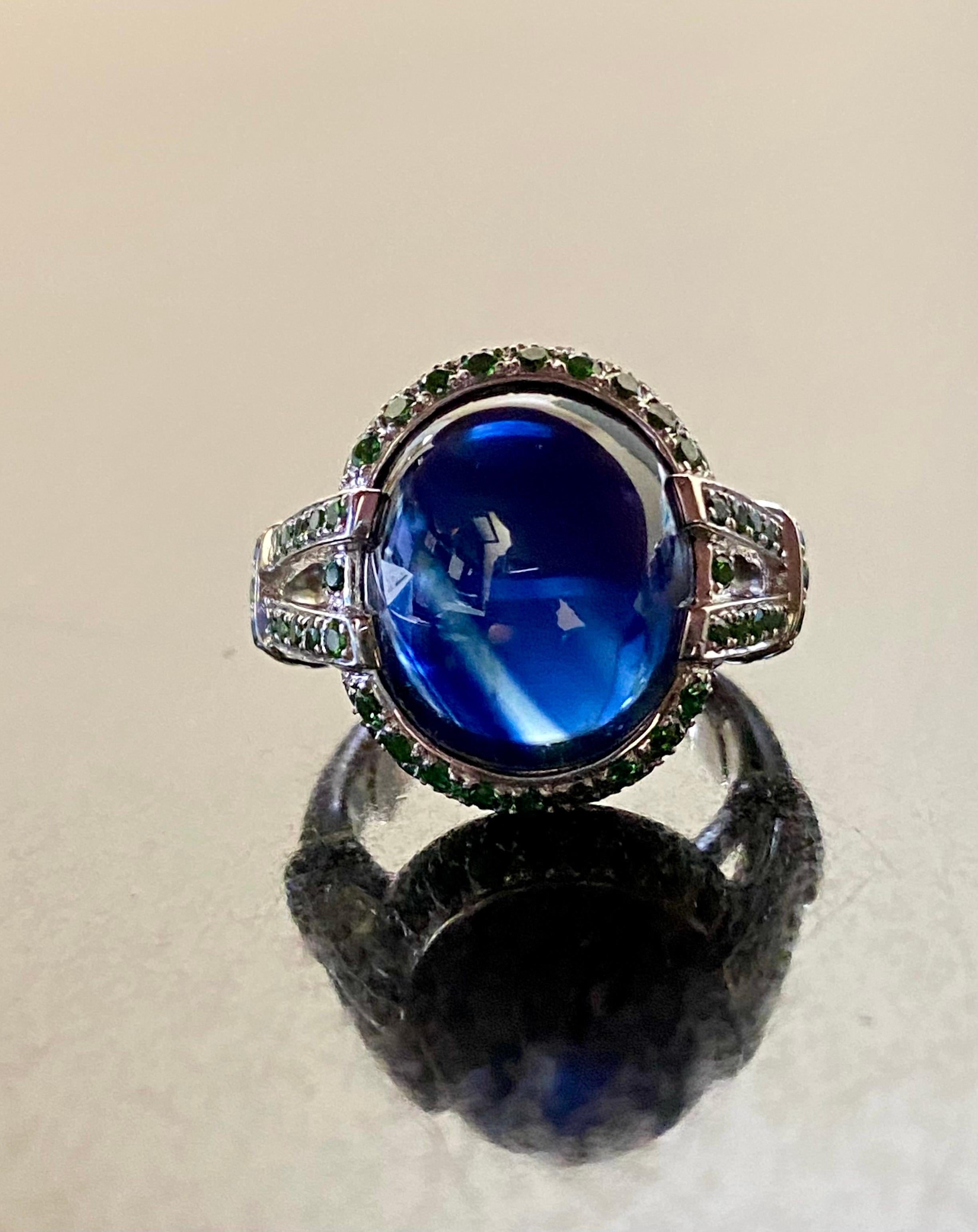 Platinum Tsavorite Garnet 16.16 Carat Cabochon Blue Sapphire Engagement Ring For Sale 8