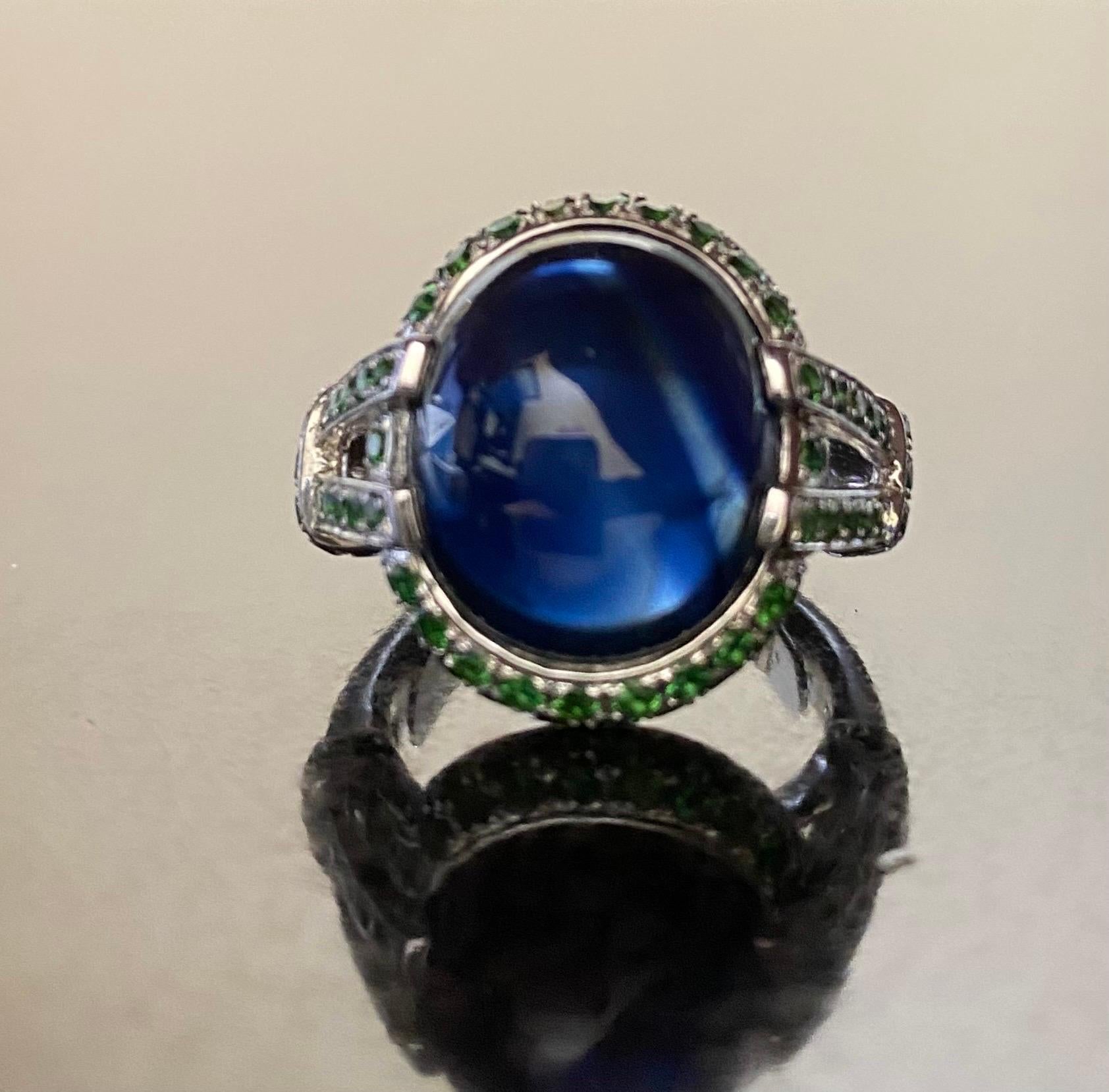 Platinum Tsavorite Garnet 16.16 Carat Cabochon Blue Sapphire Engagement Ring For Sale 9