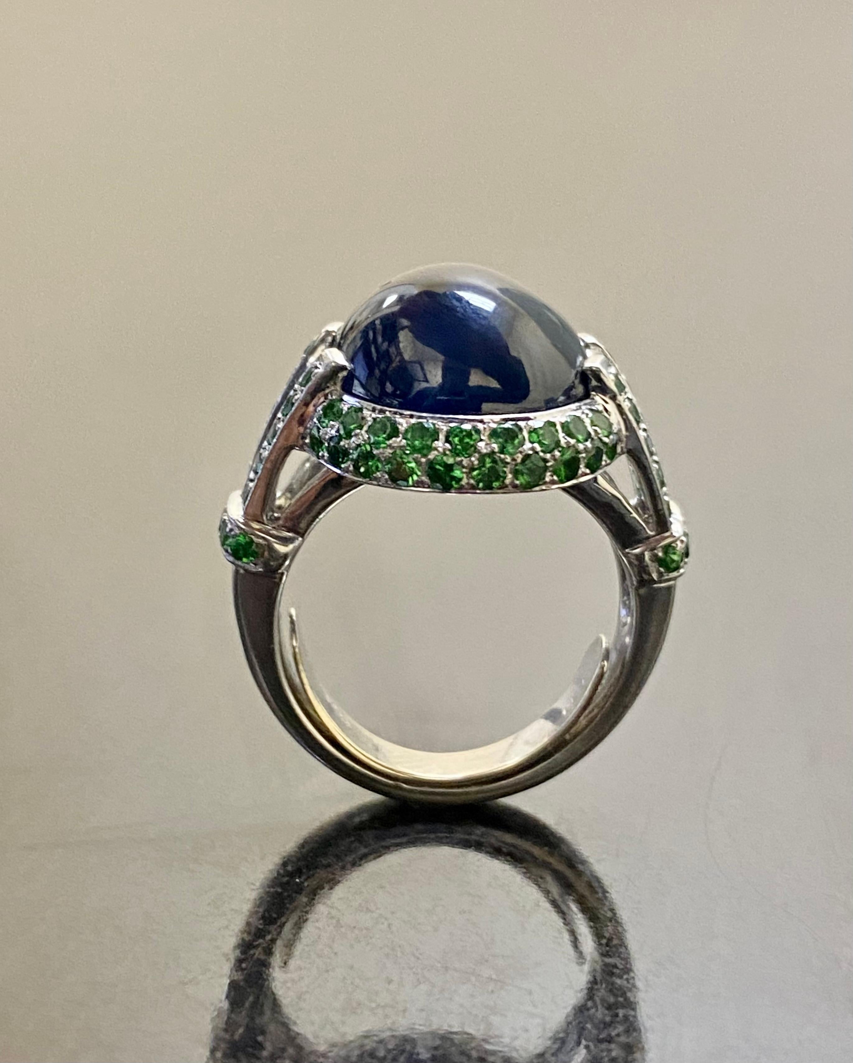 Platinum Tsavorite Garnet 16.16 Carat Cabochon Blue Sapphire Engagement Ring For Sale 10