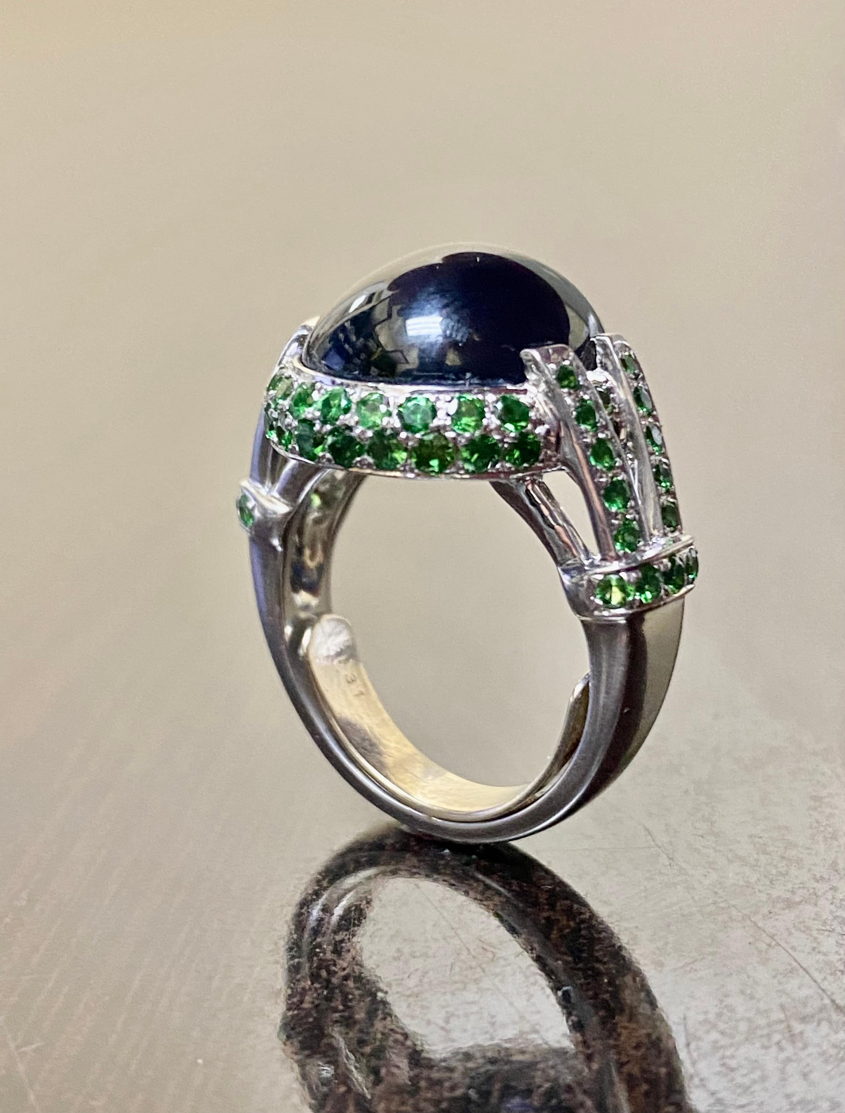Platinum Tsavorite Garnet 16.16 Carat Cabochon Blue Sapphire Engagement Ring For Sale 11