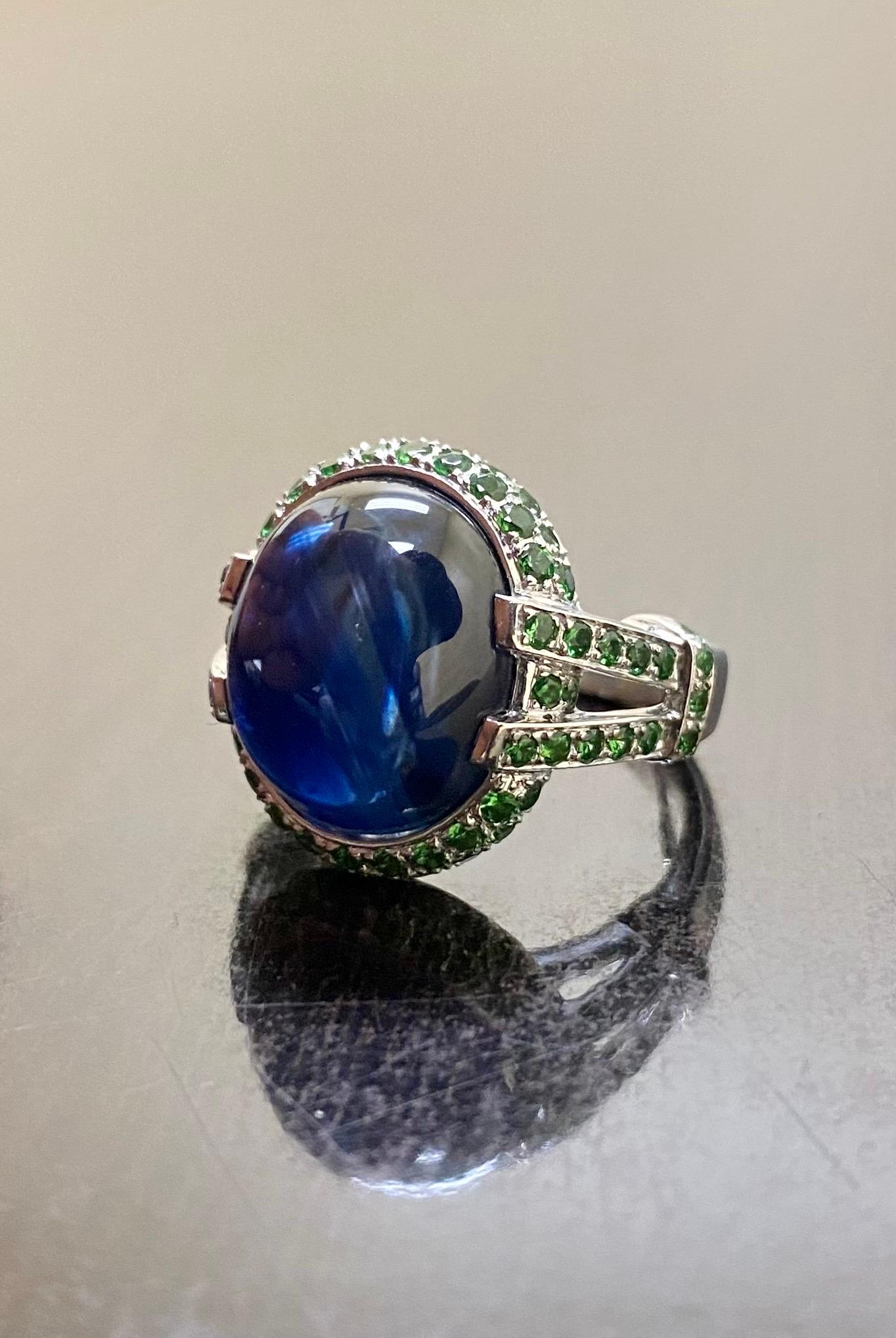 Modern Platinum Tsavorite Garnet 16.16 Carat Cabochon Blue Sapphire Engagement Ring For Sale