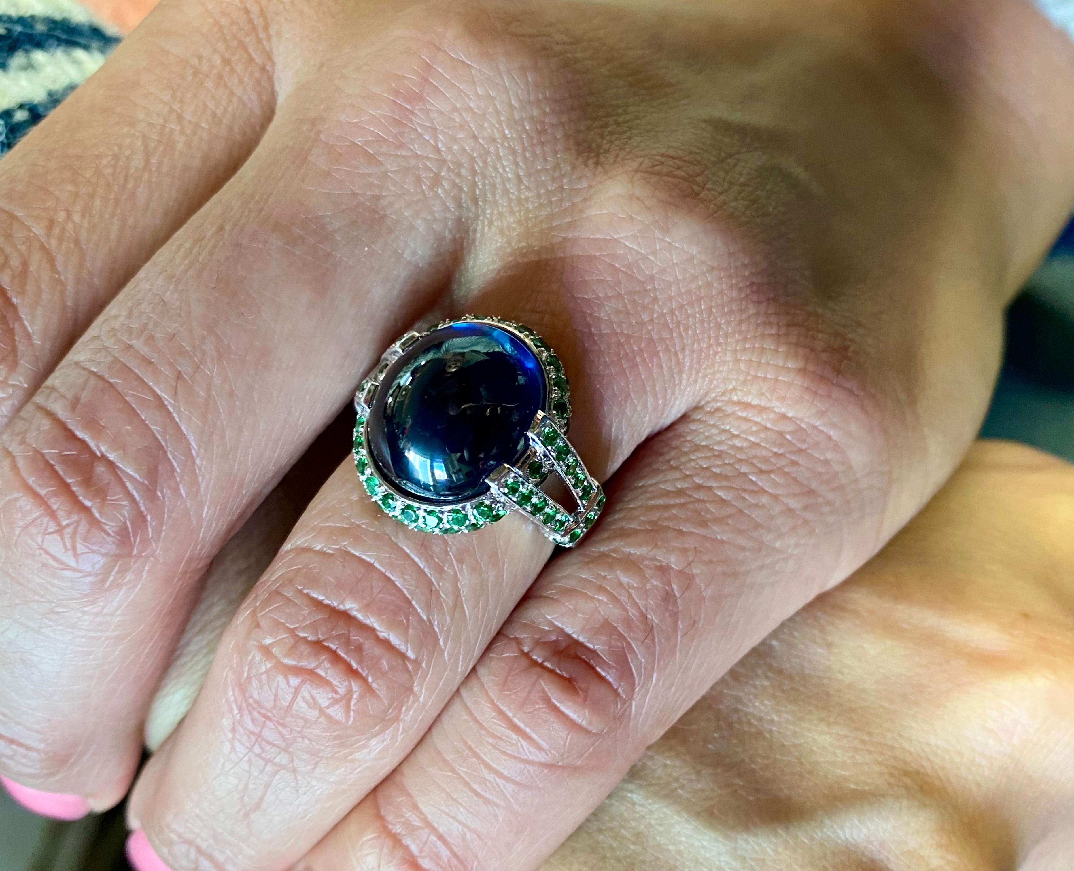 Platinum Tsavorite Garnet 16.16 Carat Cabochon Blue Sapphire Engagement Ring In New Condition For Sale In Los Angeles, CA