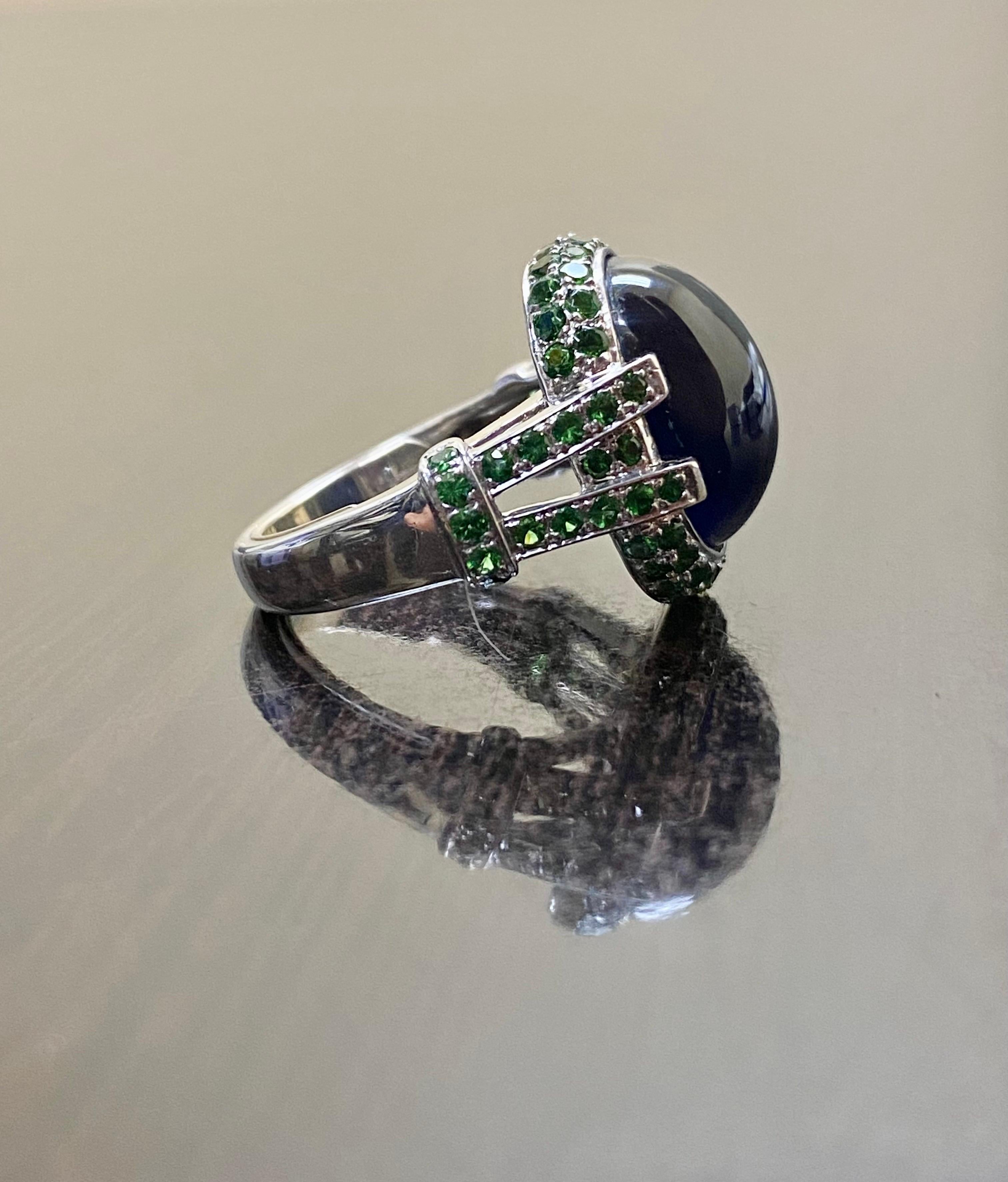 Platinum Tsavorite Garnet 16.16 Carat Cabochon Blue Sapphire Engagement Ring For Sale 3