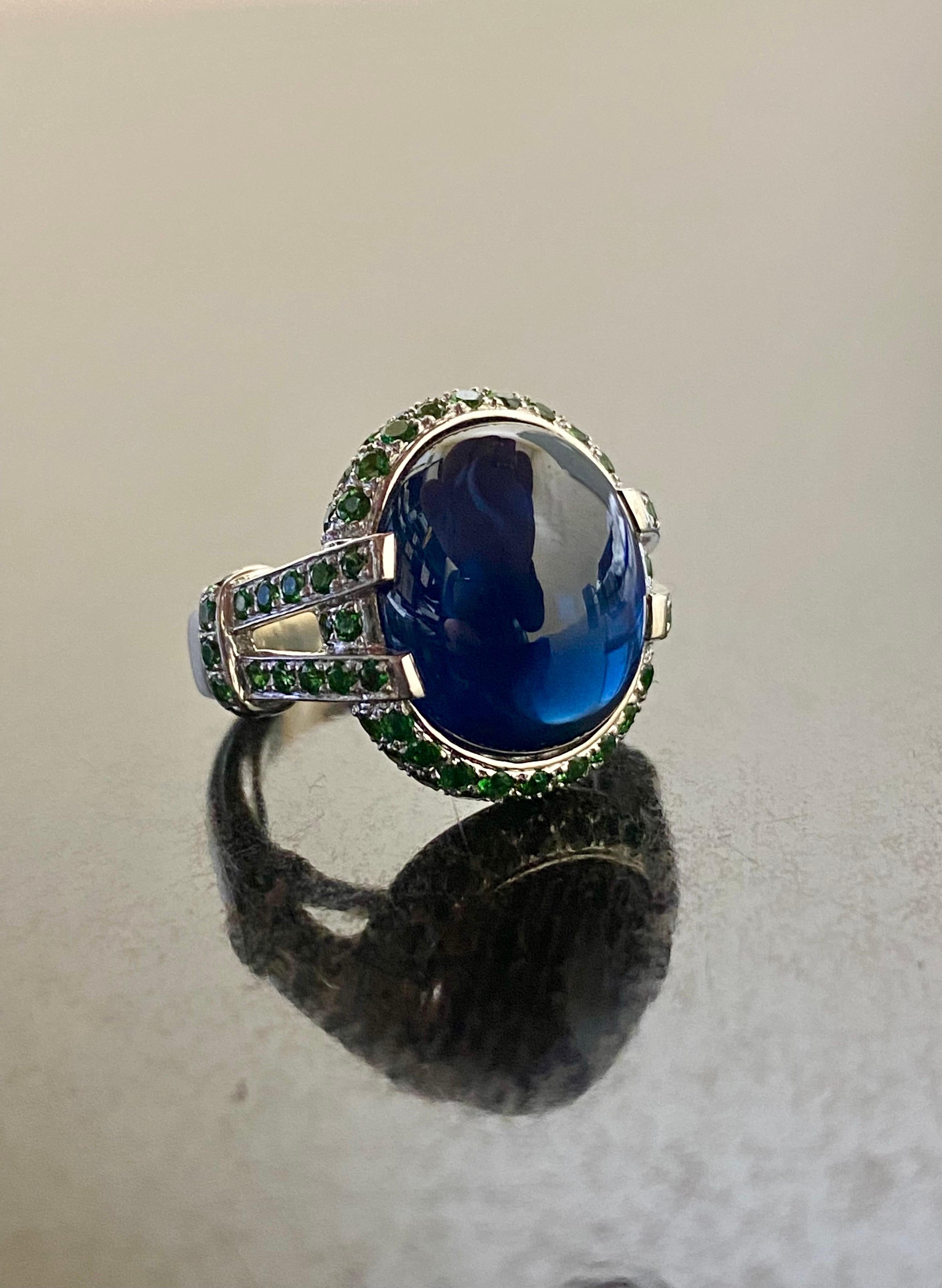 Platinum Tsavorite Garnet 16.16 Carat Cabochon Blue Sapphire Engagement Ring For Sale 4