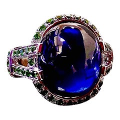 Platinum Tsavorite Garnet 16.16 Carat Cabochon Blue Sapphire Engagement Ring