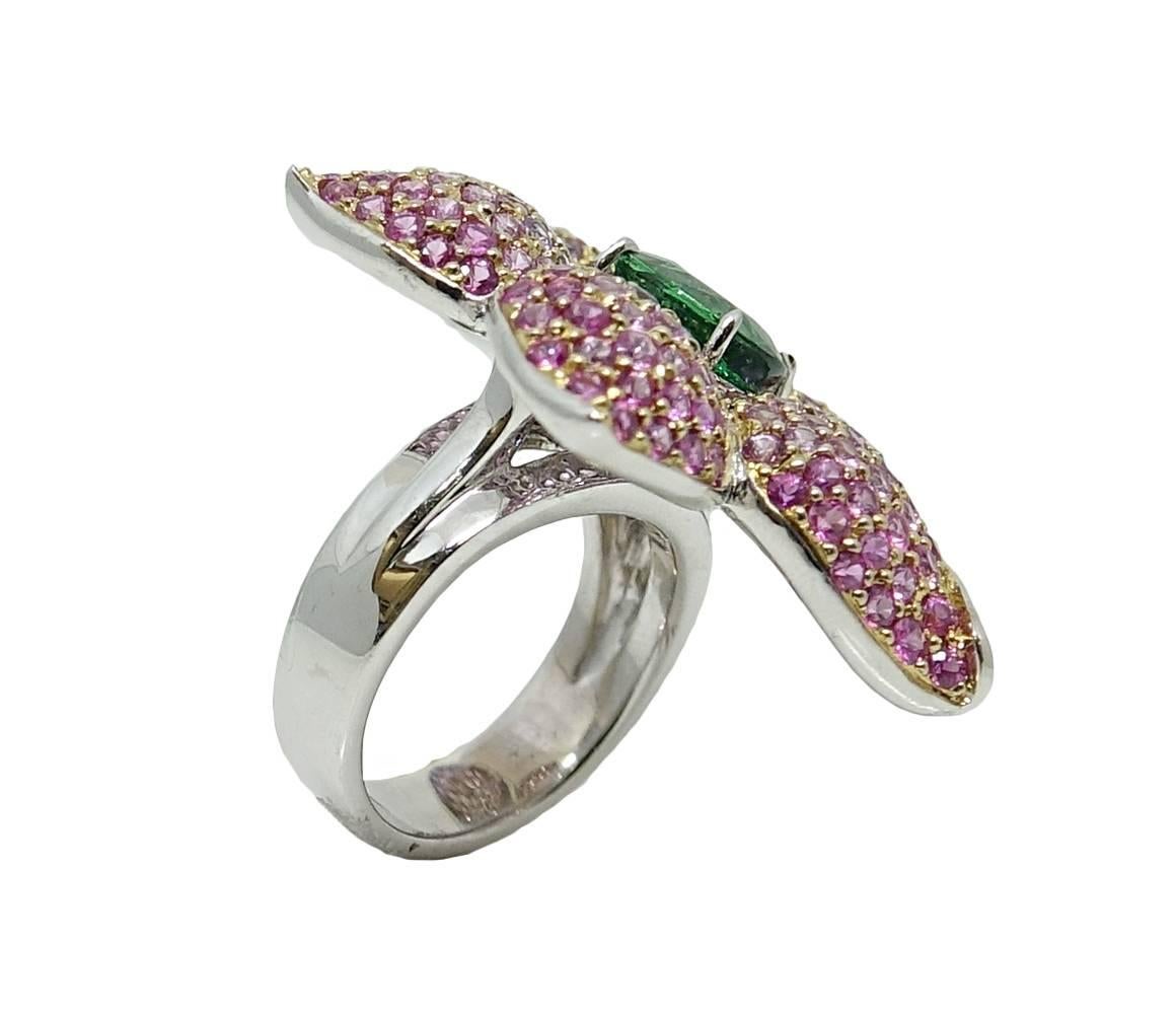 Platinum Tsavorite Garnet and Sapphire Floral Ring In New Condition For Sale In Naples, FL
