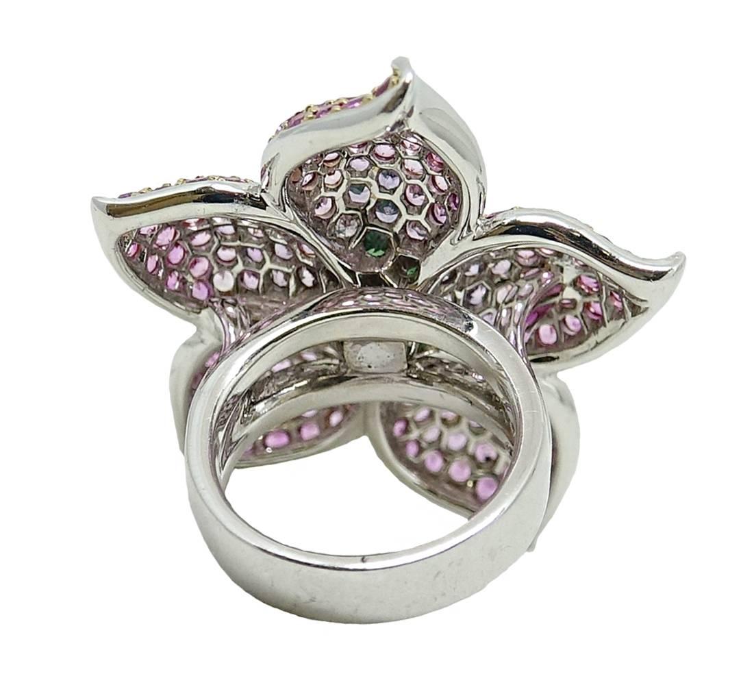 Women's or Men's Platinum Tsavorite Garnet and Sapphire Floral Ring For Sale