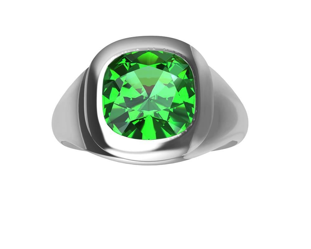 Platinum Tsavorite Sculpture Ring, Tiffany Designer, Thomas Kurilla is keeping it simple. This idea of simplifying your life can go into a lifestyle of design also. 8 X 8 mm cushion cut tsavorite in  bezel setting. Call it a fashion ring or a