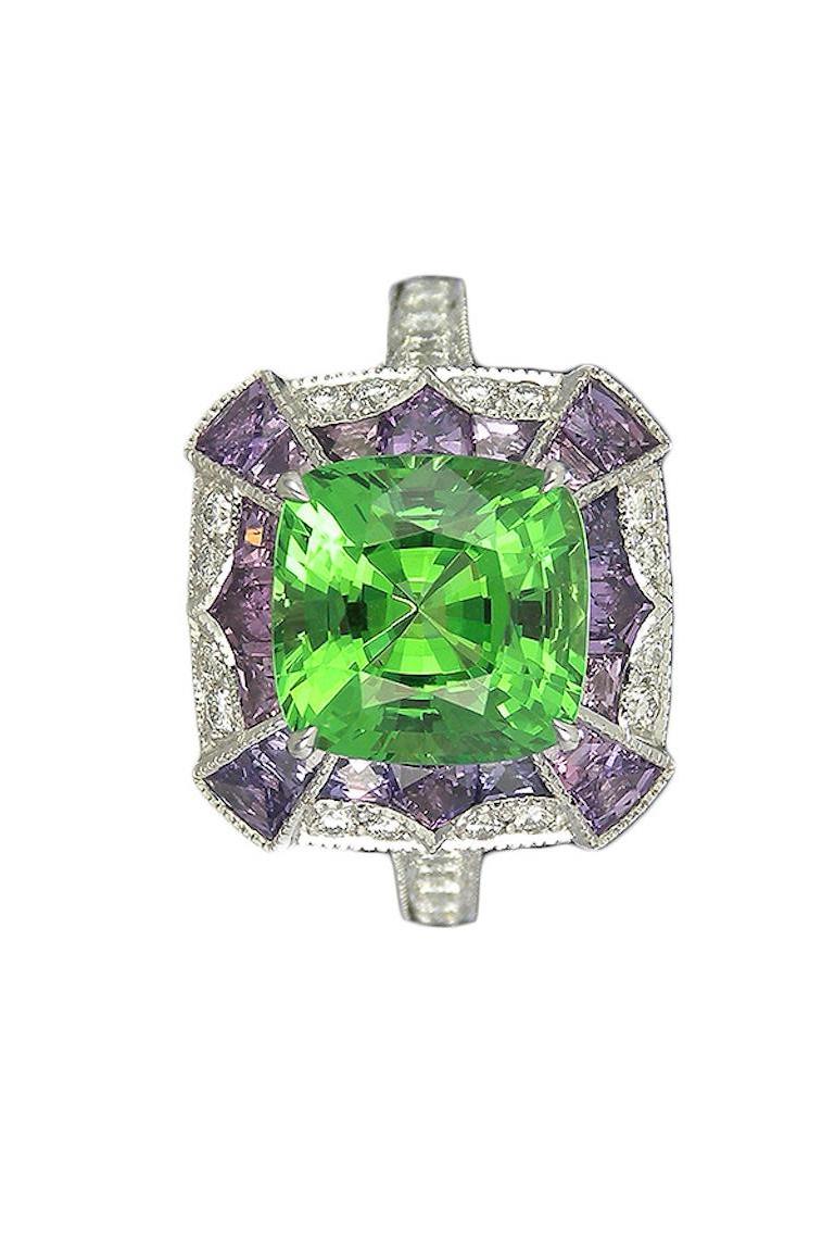 Art Deco Platinum Tsavorite Violette Sapphire and Diamond Cocktail Ring For Sale