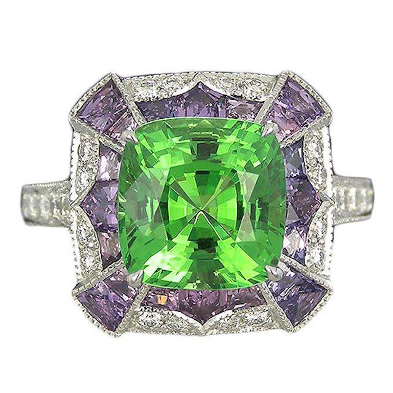 Platinum Tsavorite Violette Sapphire and Diamond Cocktail Ring For Sale