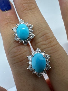 Platinum Turquoise and Diamond Cluster Earrings