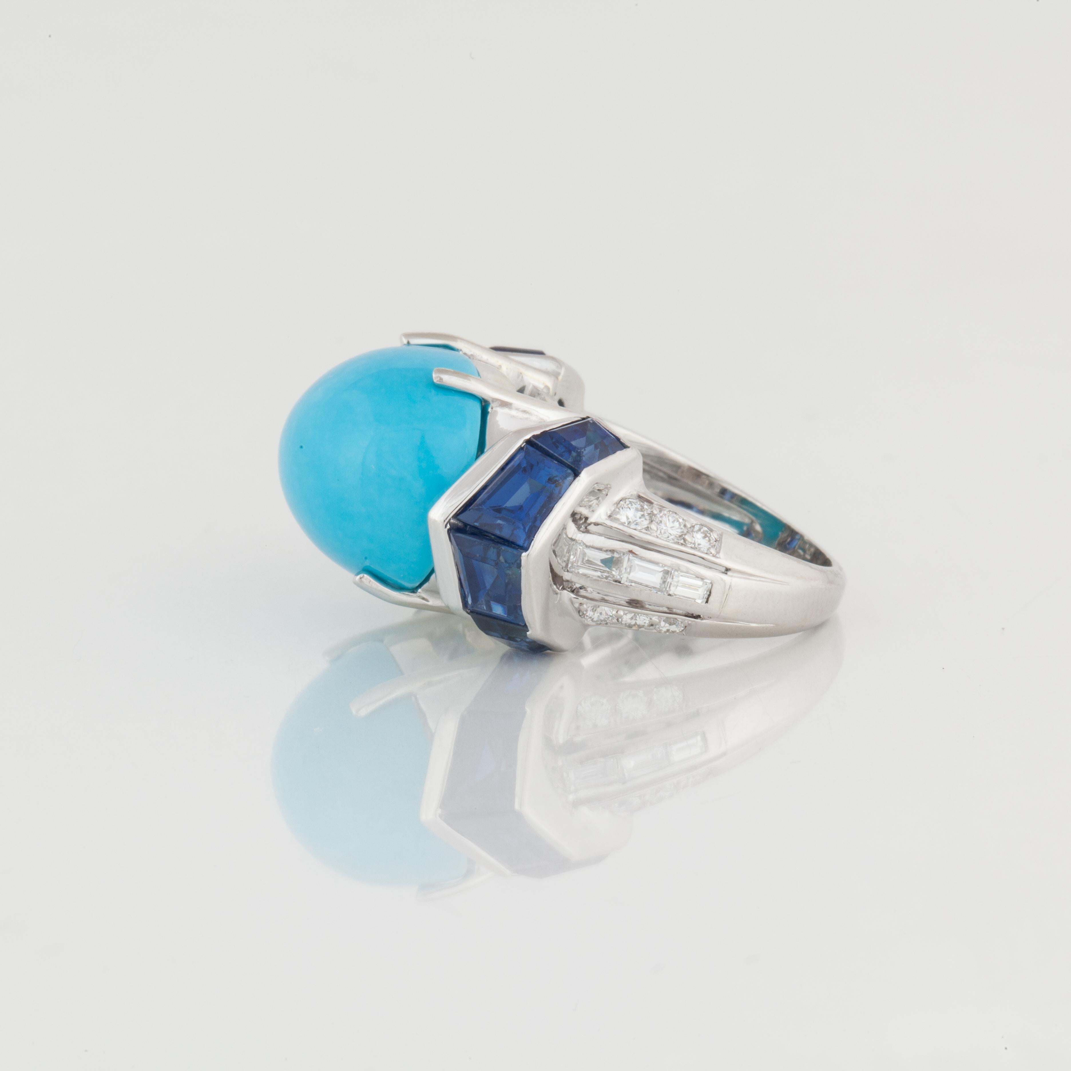 Ring aus Platin mit türkisfarbenem Saphir und Diamant (Gemischter Schliff) im Angebot