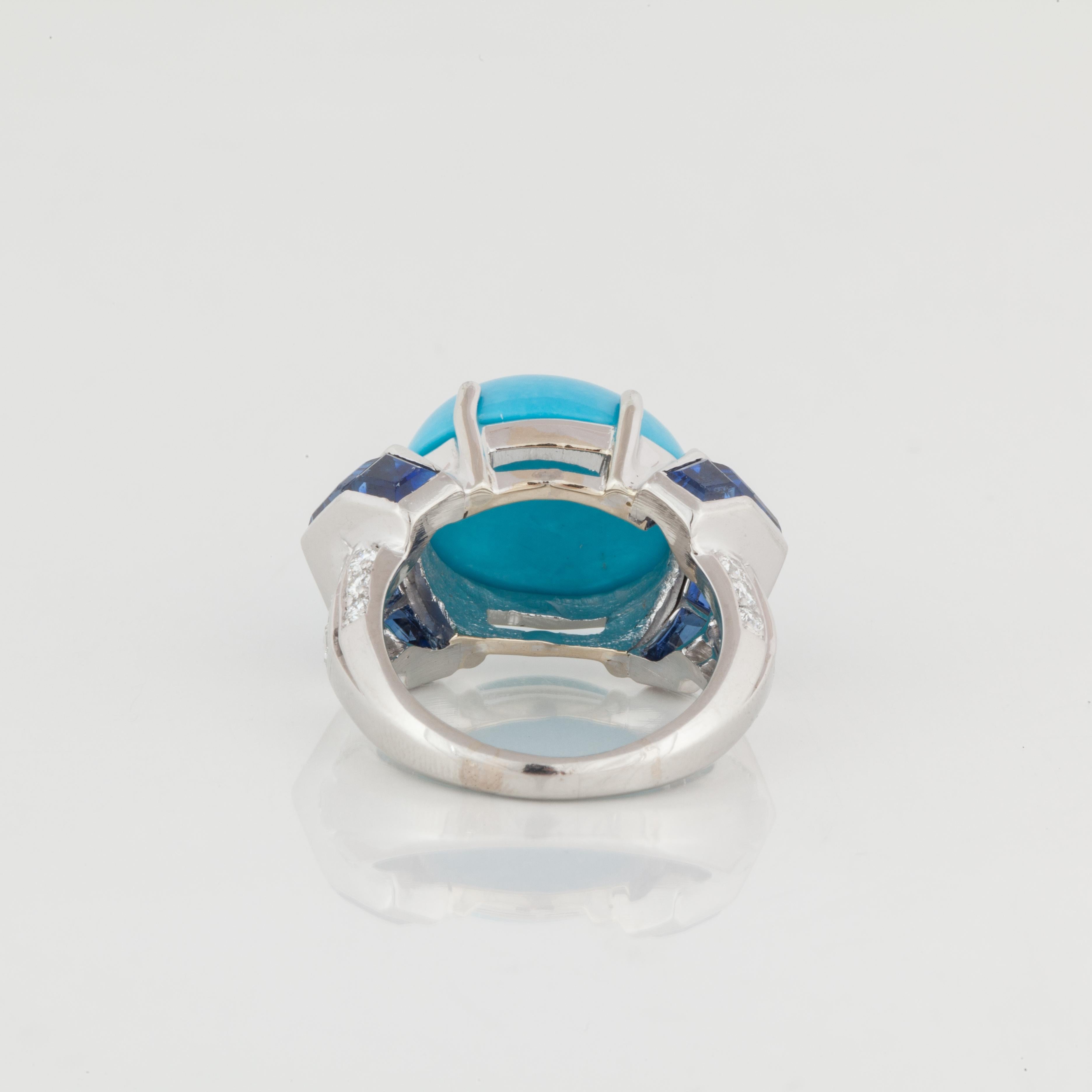 Mixed Cut Platinum Turquoise Sapphire and Diamond Ring For Sale