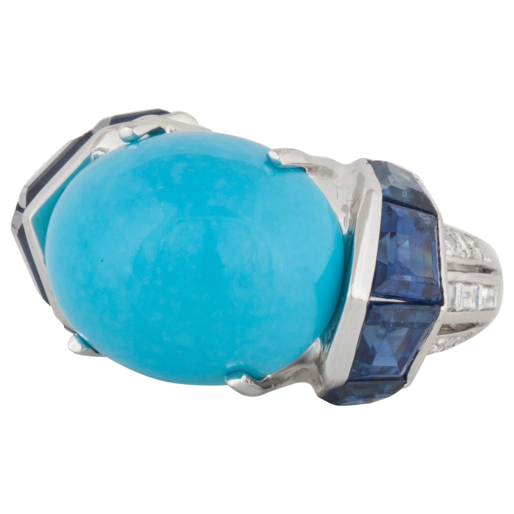 Platinum Turquoise Sapphire and Diamond Ring For Sale