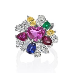 Platinum Tutti Frutti Diamond, Sapphire, Emerald And Ruby Cocktail Ladies Ring
