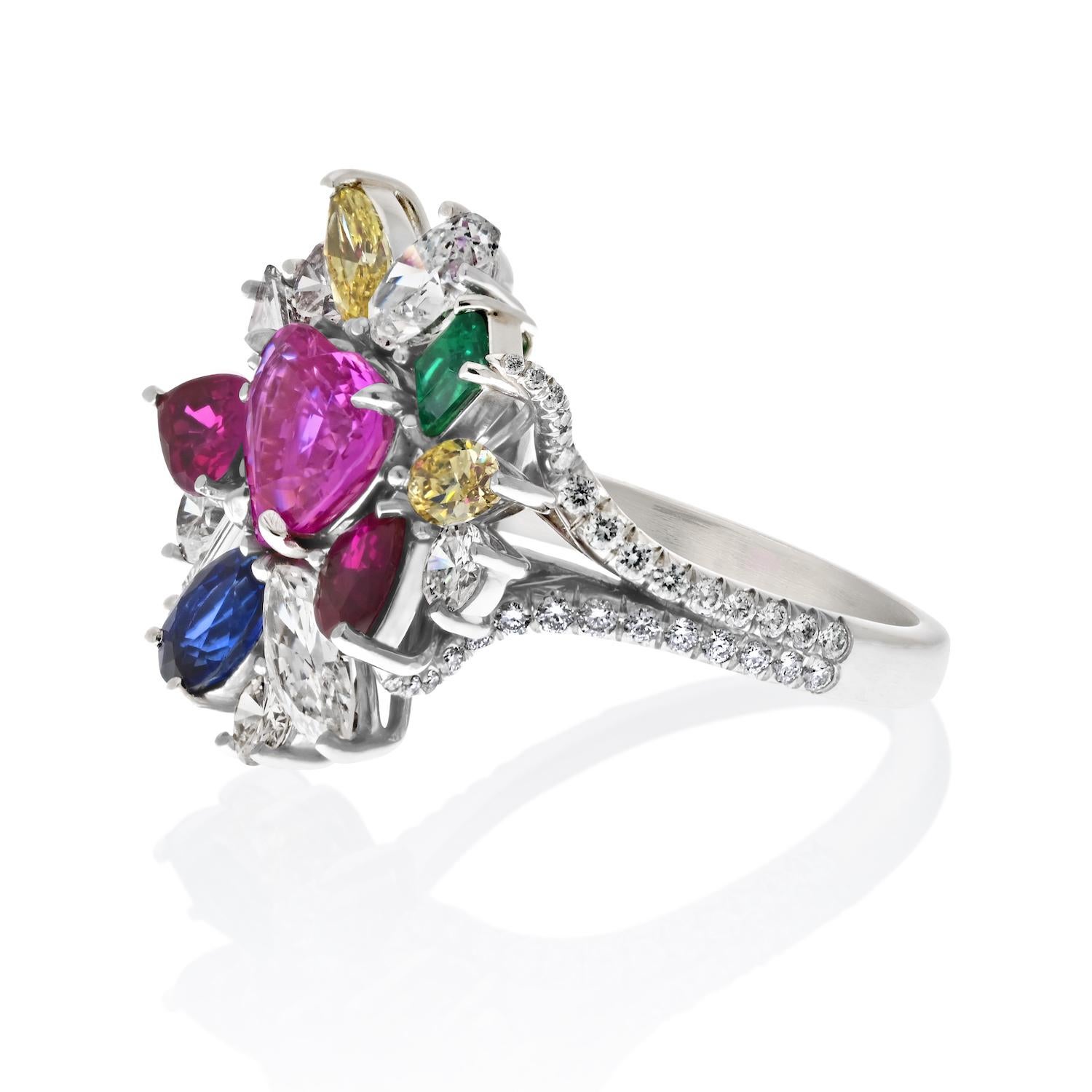 Modern Platinum Tutti Frutti Diamond, Sapphire, Emerald And Ruby Cocktail Ladies Ring For Sale