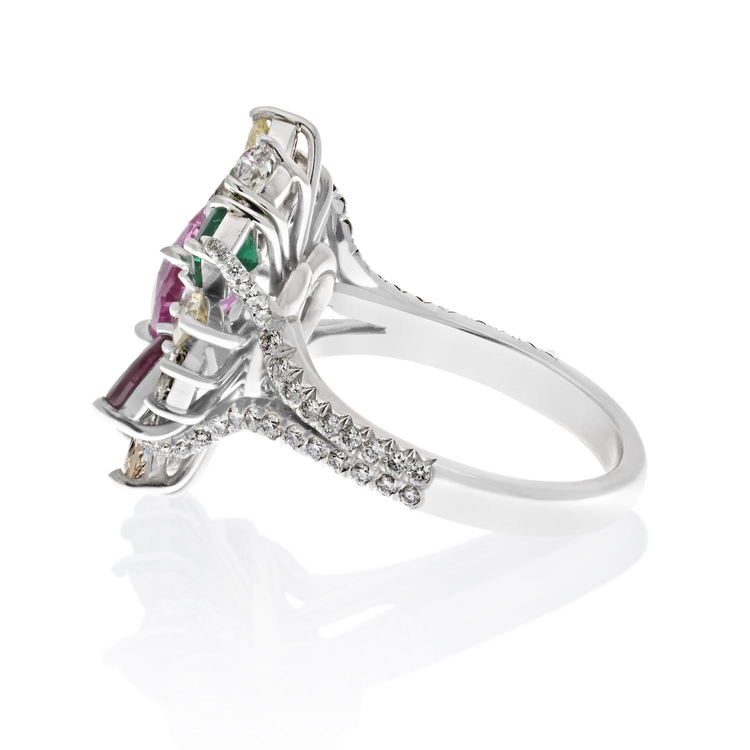 Heart Cut Platinum Tutti Frutti Diamond, Sapphire, Emerald And Ruby Cocktail Ladies Ring For Sale
